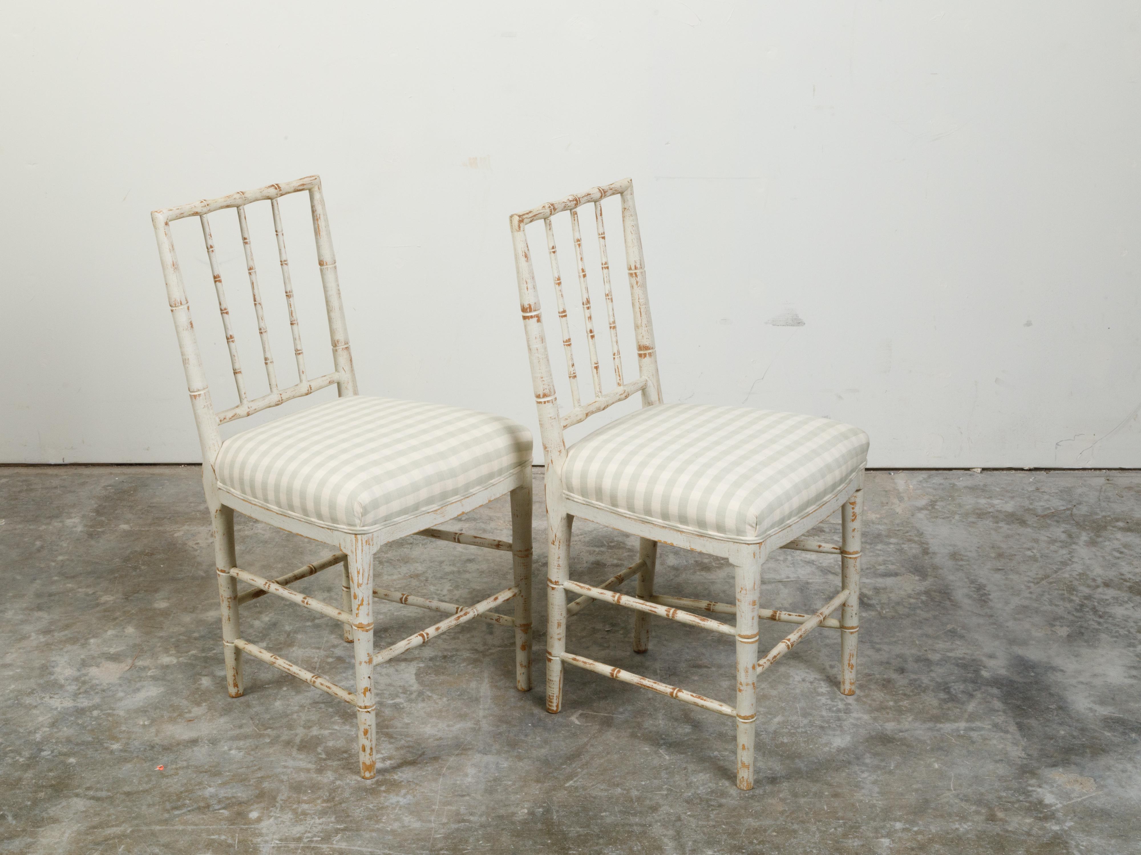 Upholstery Pair of French Midcentury Faux Bamboo Side Chairs with Distressed Patina For Sale
