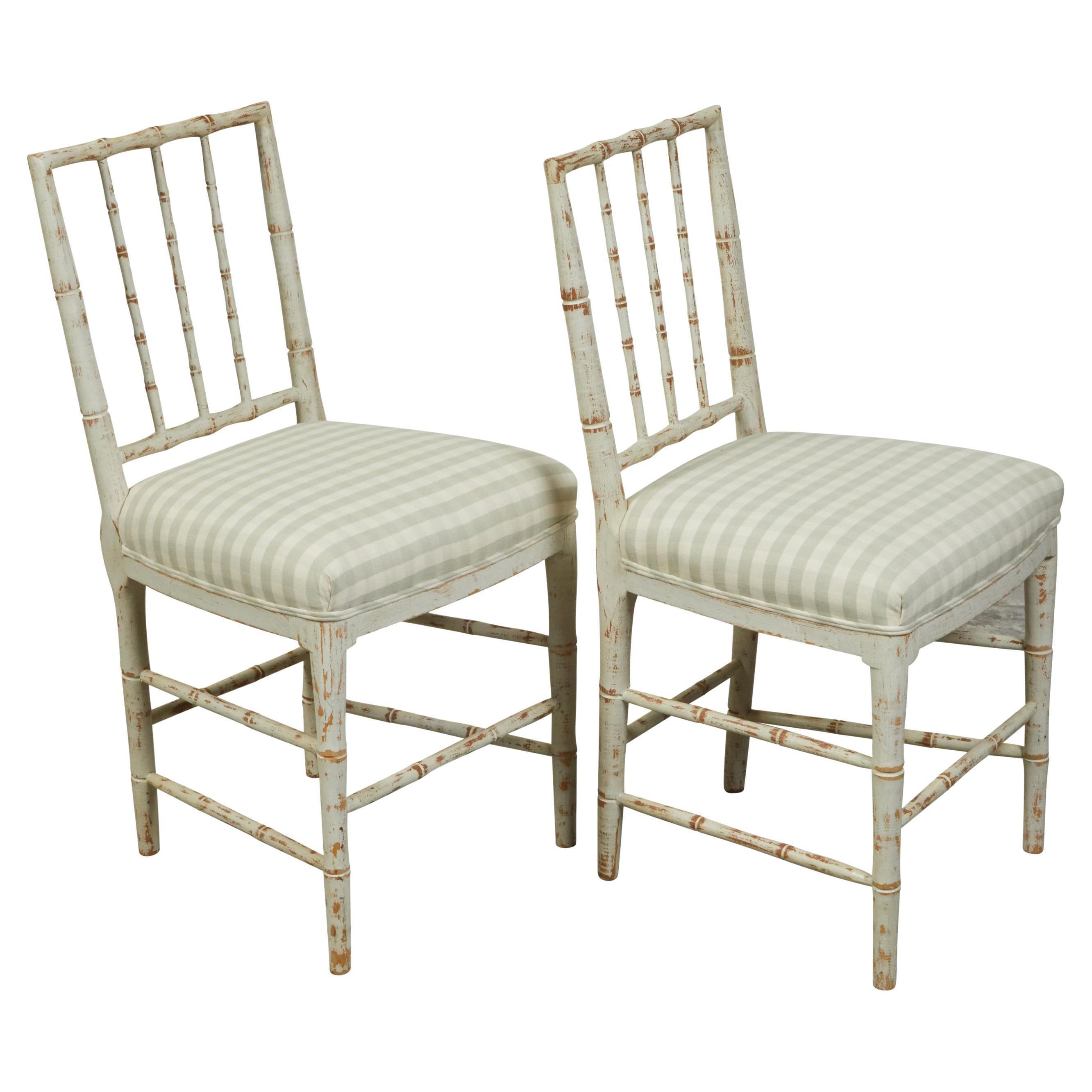 Pair of French Midcentury Faux Bamboo Side Chairs with Distressed Patina For Sale