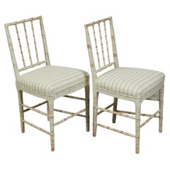Pair of French Midcentury Faux Bamboo Side Chairs with Distressed Patina