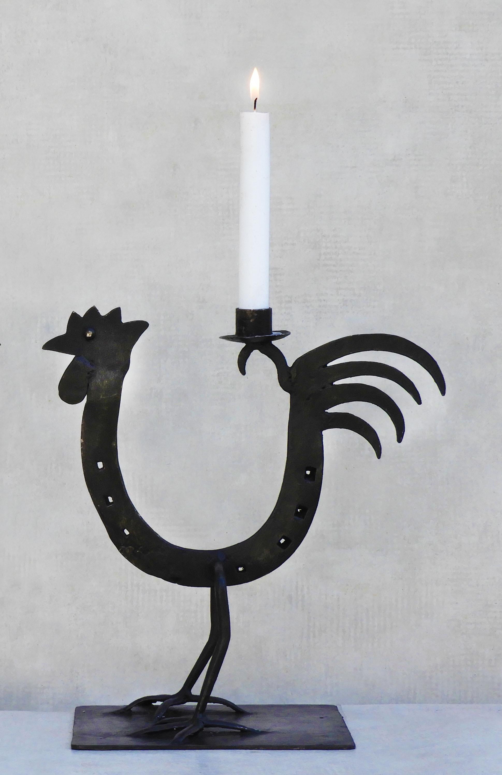 Pair of French Midcentury Folk Art IronCockerel/Rooster Candlesticks C1970s en vente 2