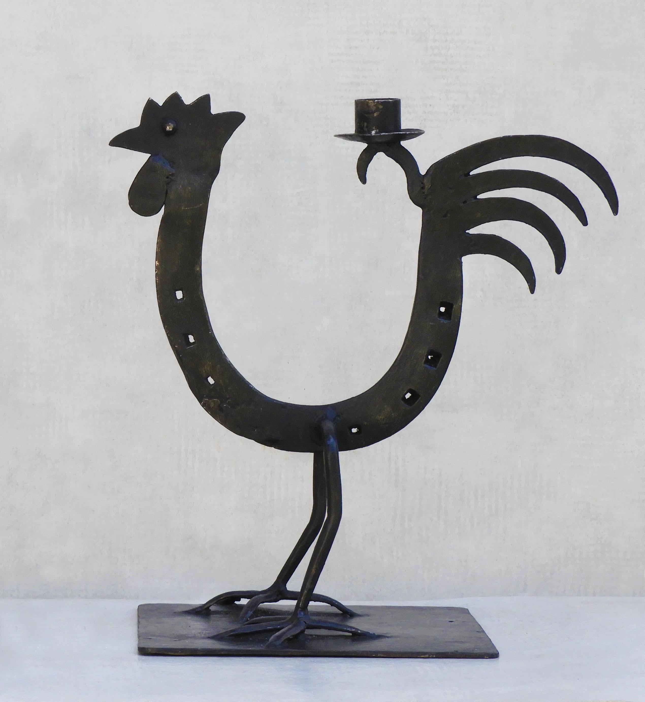 Pair of French Midcentury Folk Art IronCockerel/Rooster Candlesticks C1970s en vente 3