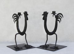 Pair of French Mid Century Folk Art Iron Cockerel/Rooster Candlesticks C1970s