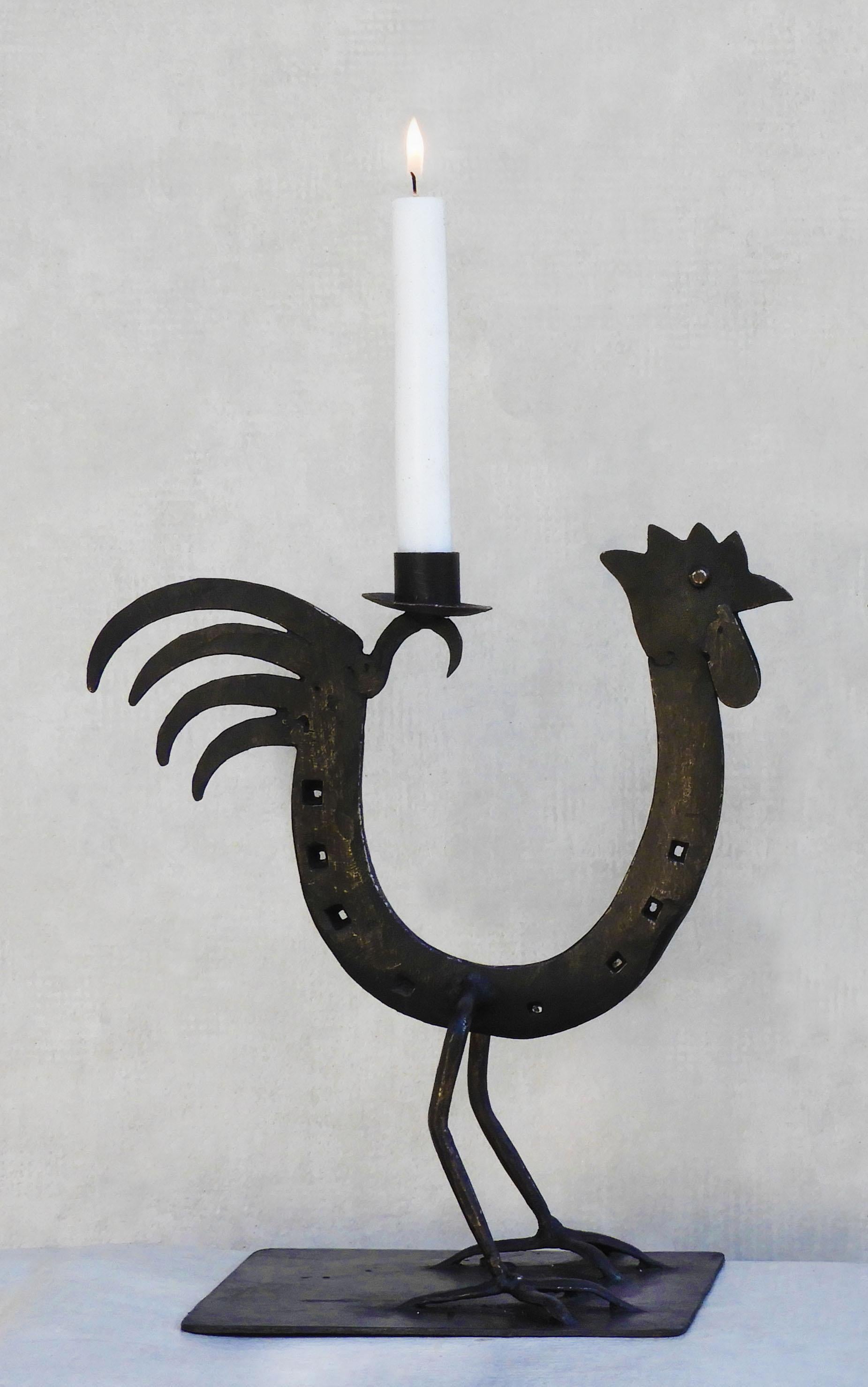 Pair of French Midcentury Folk Art IronCockerel/Rooster Candlesticks C1970s en vente 1