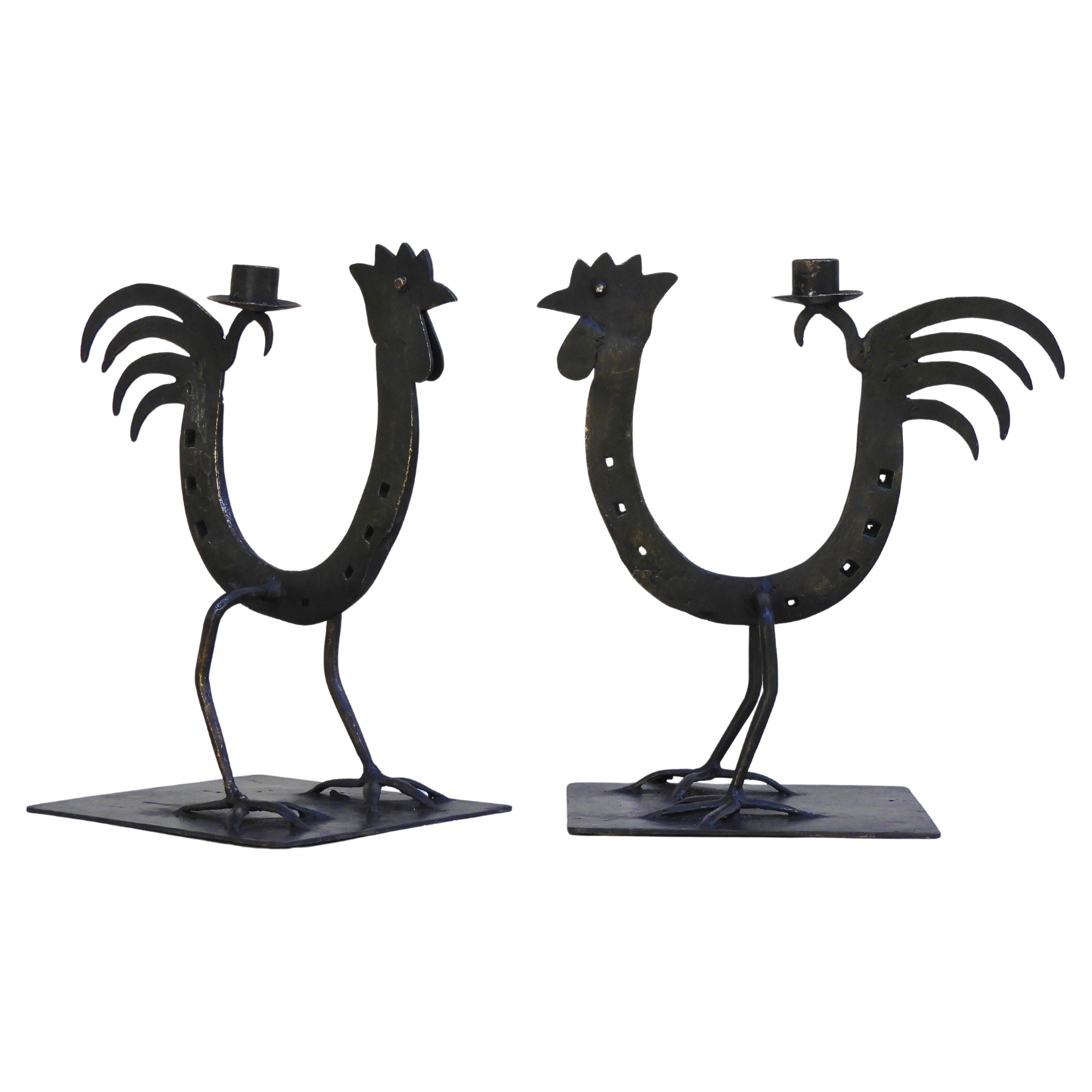 Pair of French Midcentury Folk Art IronCockerel/Rooster Candlesticks C1970s en vente
