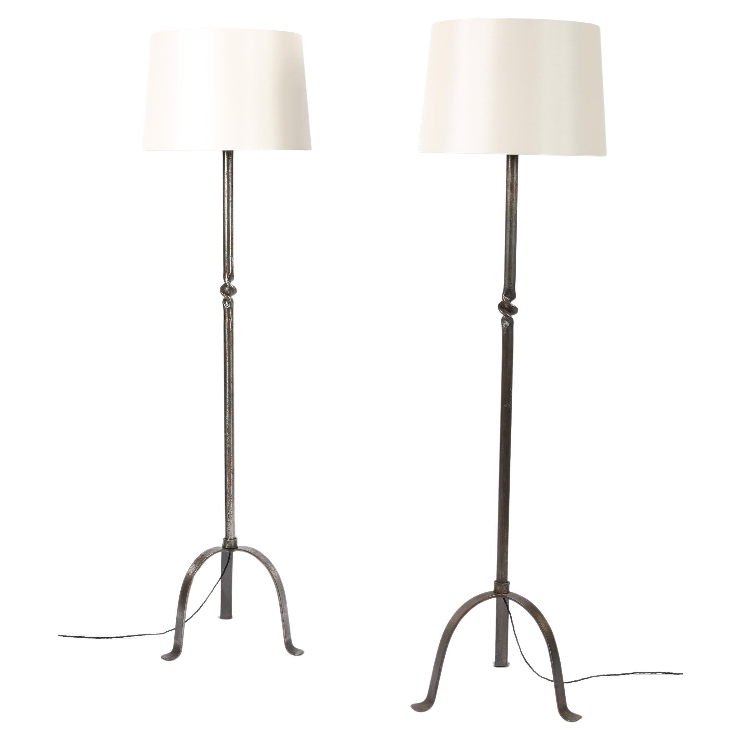 Pair of French Midcentury Forged Iron Torsade Floor Lamps