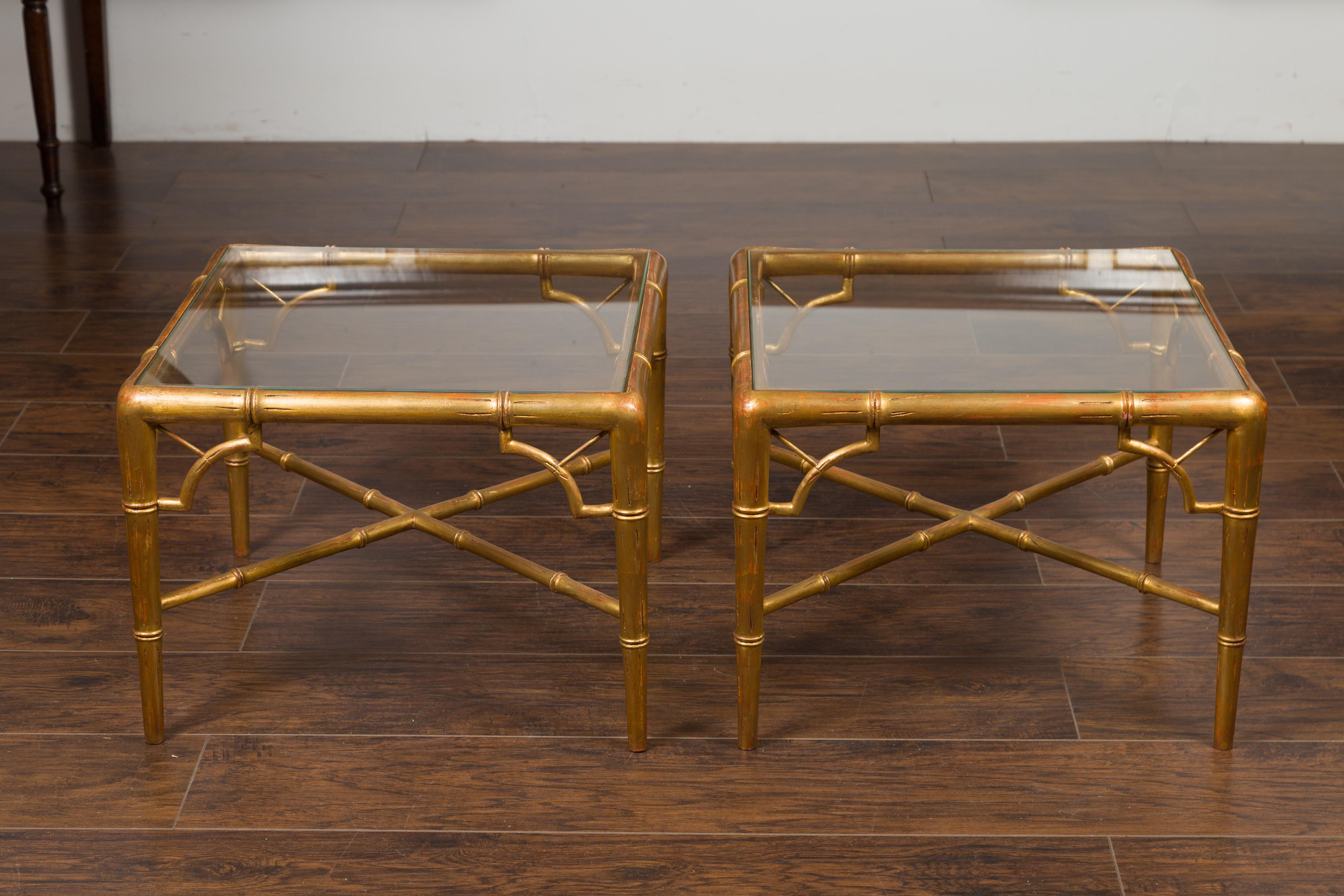 Pair of French Midcentury Gilt Faux Bamboo Drinks Tables with Glass Tops For Sale 5