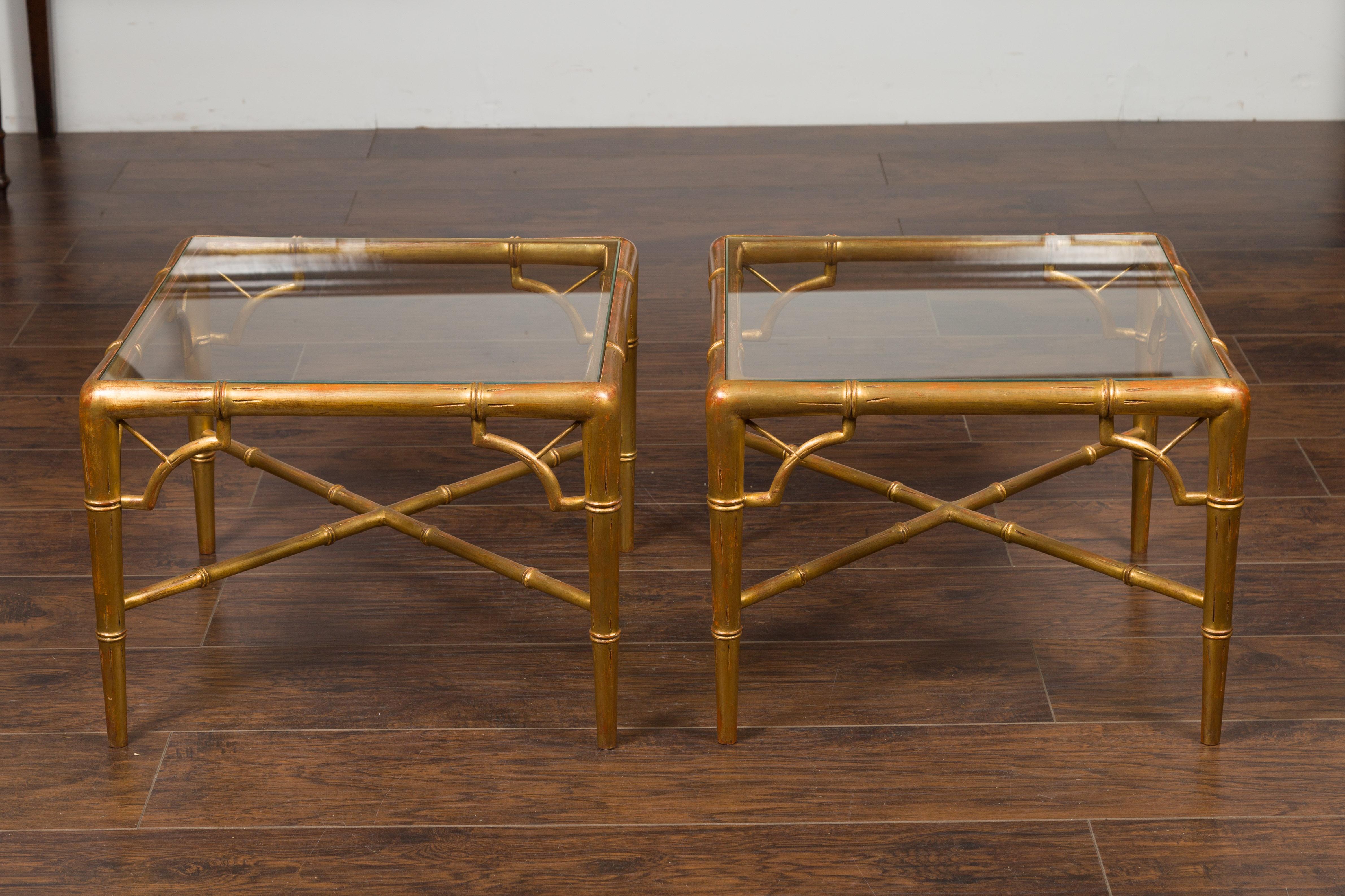 Pair of French Midcentury Gilt Faux Bamboo Drinks Tables with Glass Tops For Sale 6