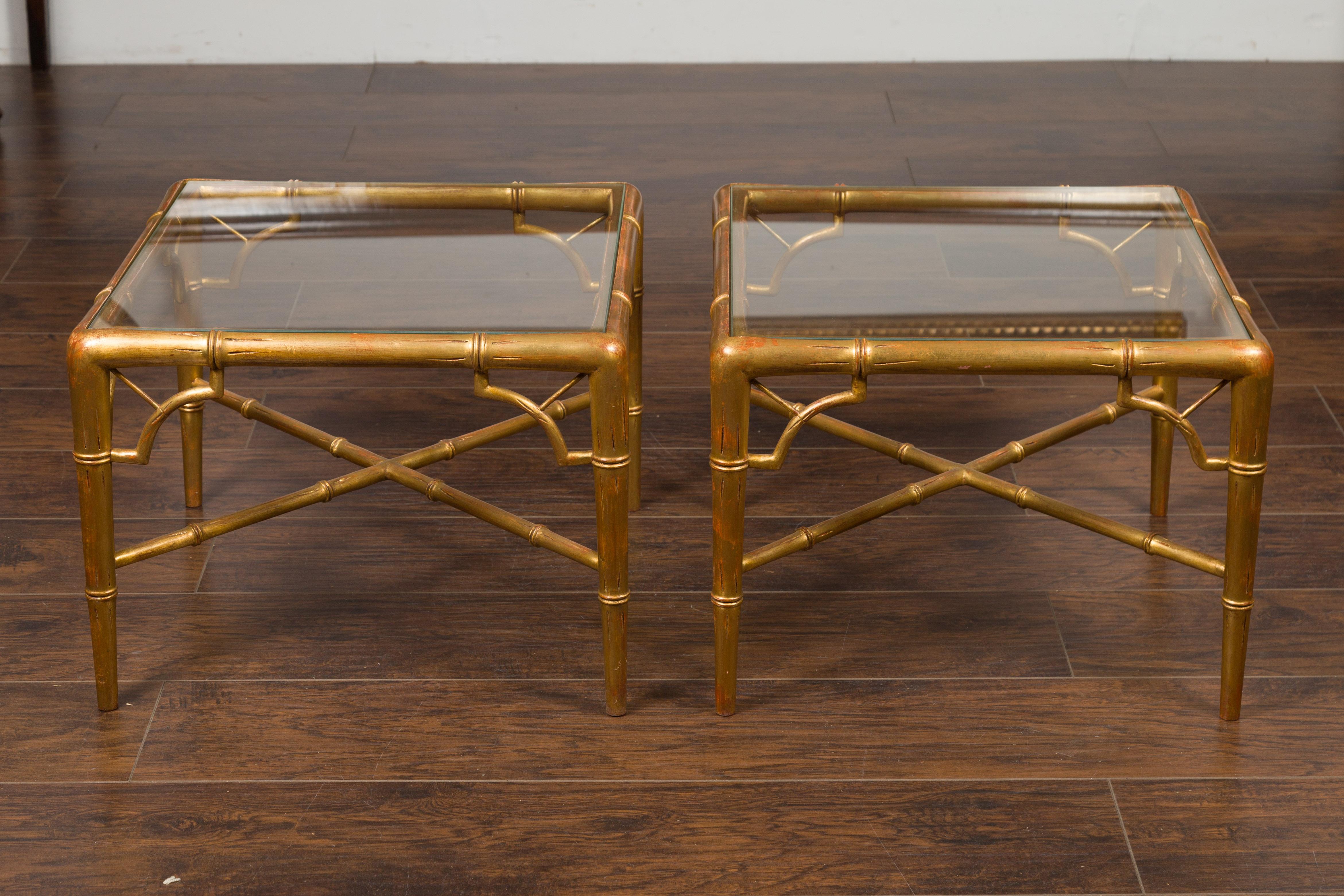 Pair of French Midcentury Gilt Faux Bamboo Drinks Tables with Glass Tops For Sale 7