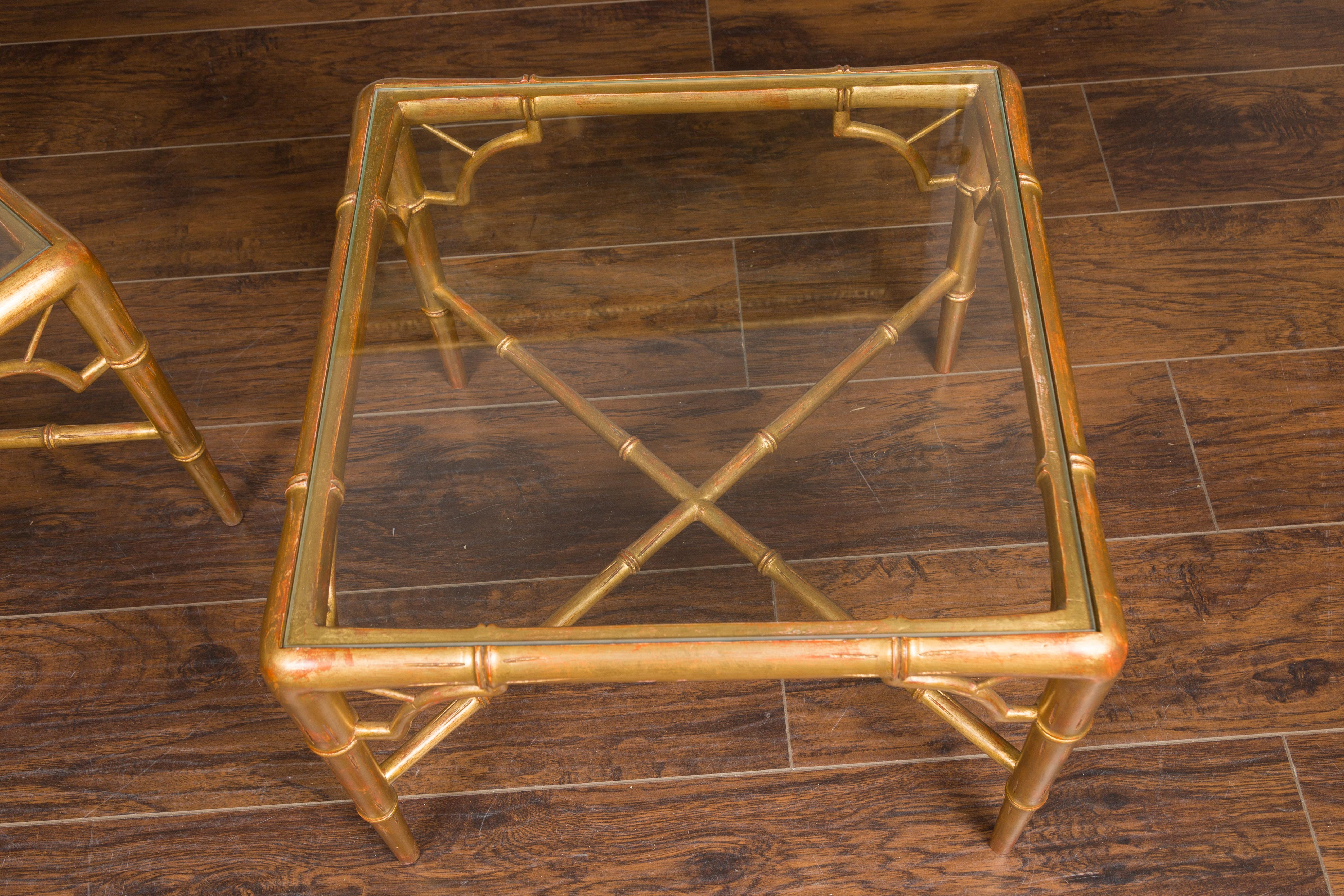Pair of French Midcentury Gilt Faux Bamboo Drinks Tables with Glass Tops In Good Condition For Sale In Atlanta, GA