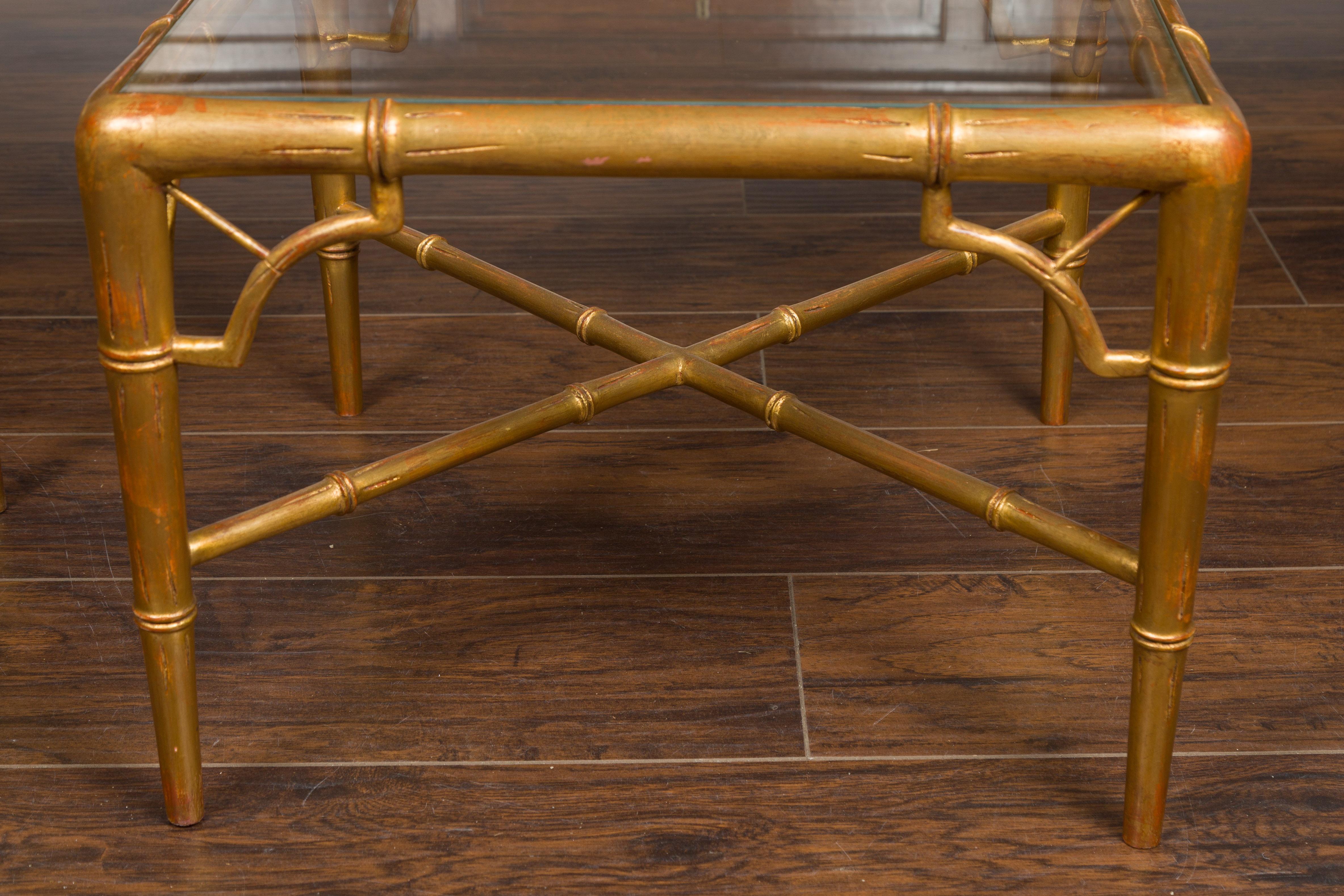 20th Century Pair of French Midcentury Gilt Faux Bamboo Drinks Tables with Glass Tops For Sale