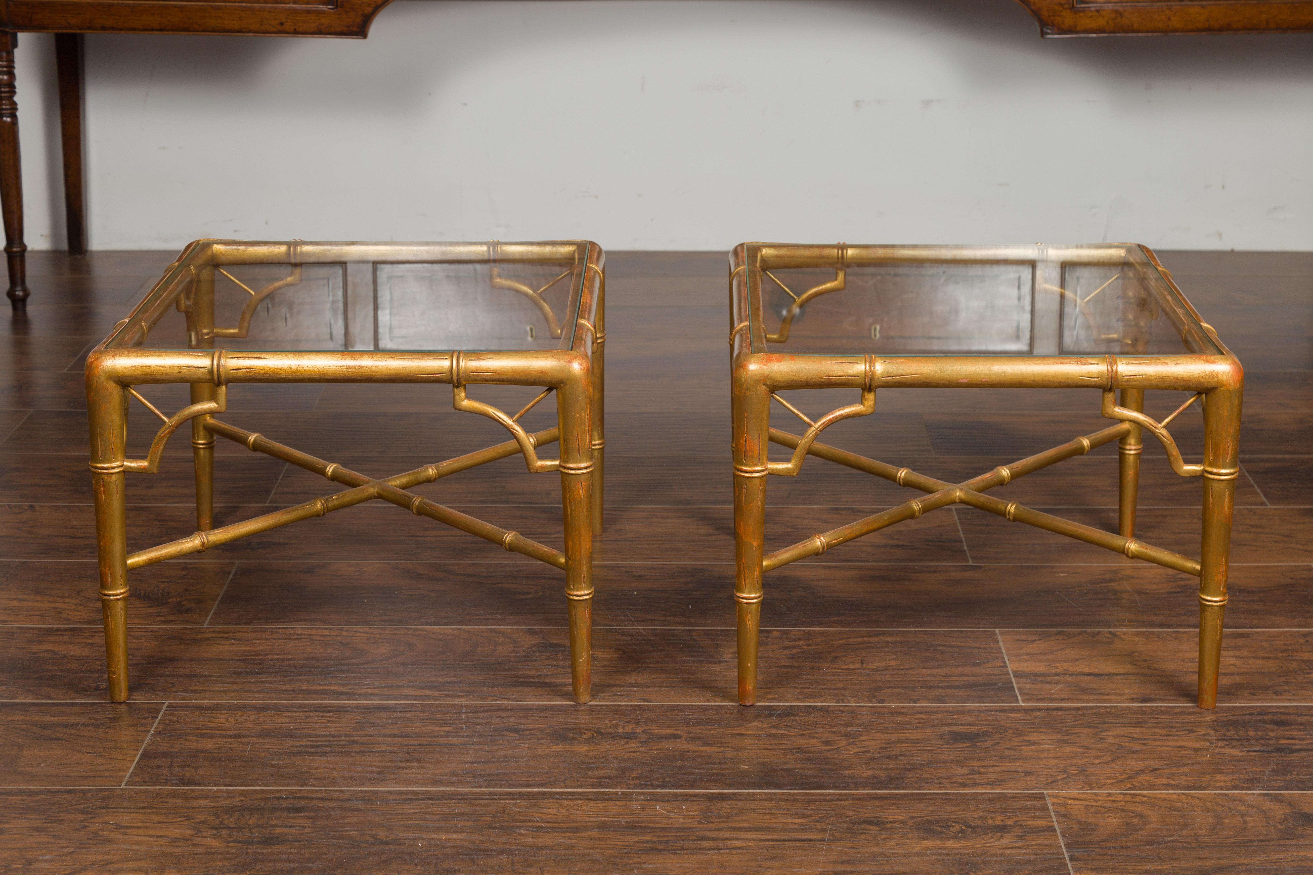 Pair of French Midcentury Gilt Faux Bamboo Drinks Tables with Glass Tops For Sale 4