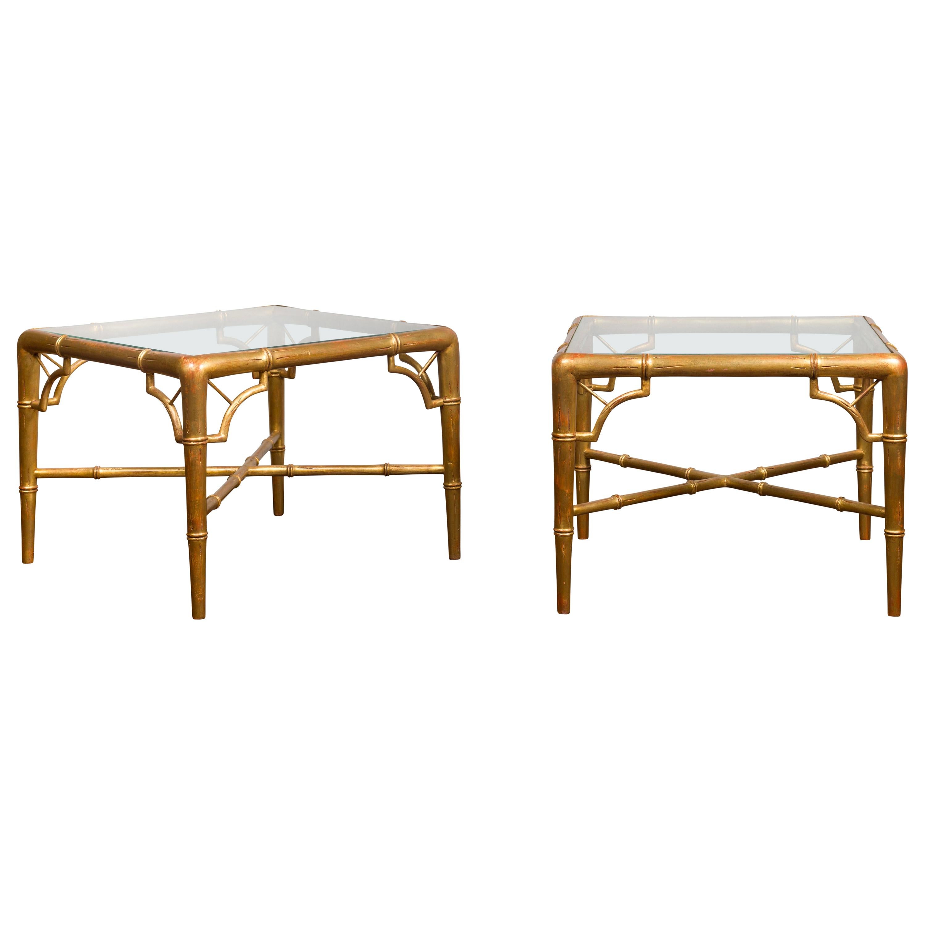 Pair of French Midcentury Gilt Faux Bamboo Drinks Tables with Glass Tops