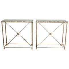 Pair of French Midcentury Gilt Iron Console Tables with Marble Tops