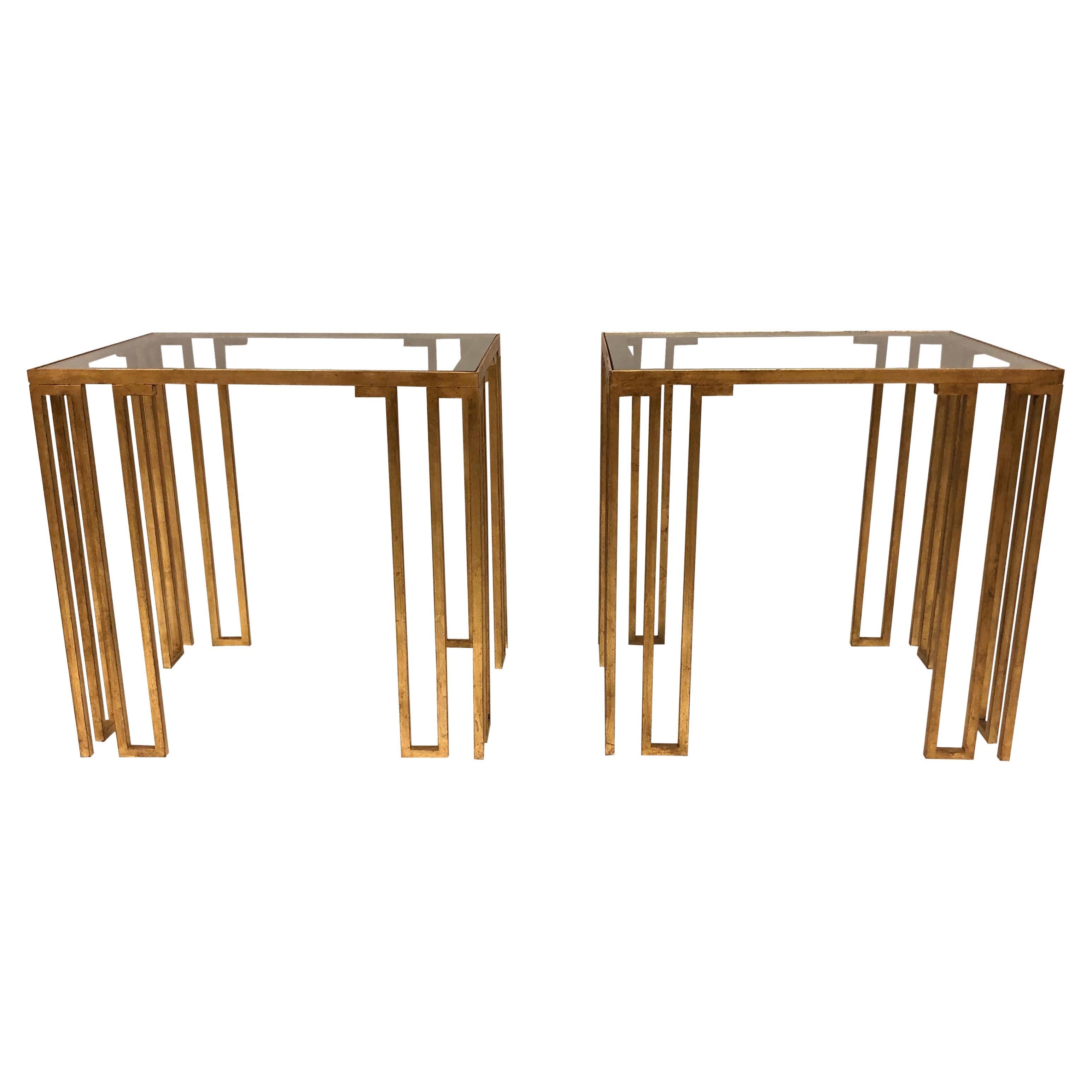 Pair of French Midcentury Gilt Iron 'Creneaux' Tables Attributed to Jean Royère For Sale