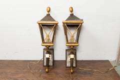 Pair of French Midcentury Gilt Iron Wall Mounted Lanterns with Single Lights