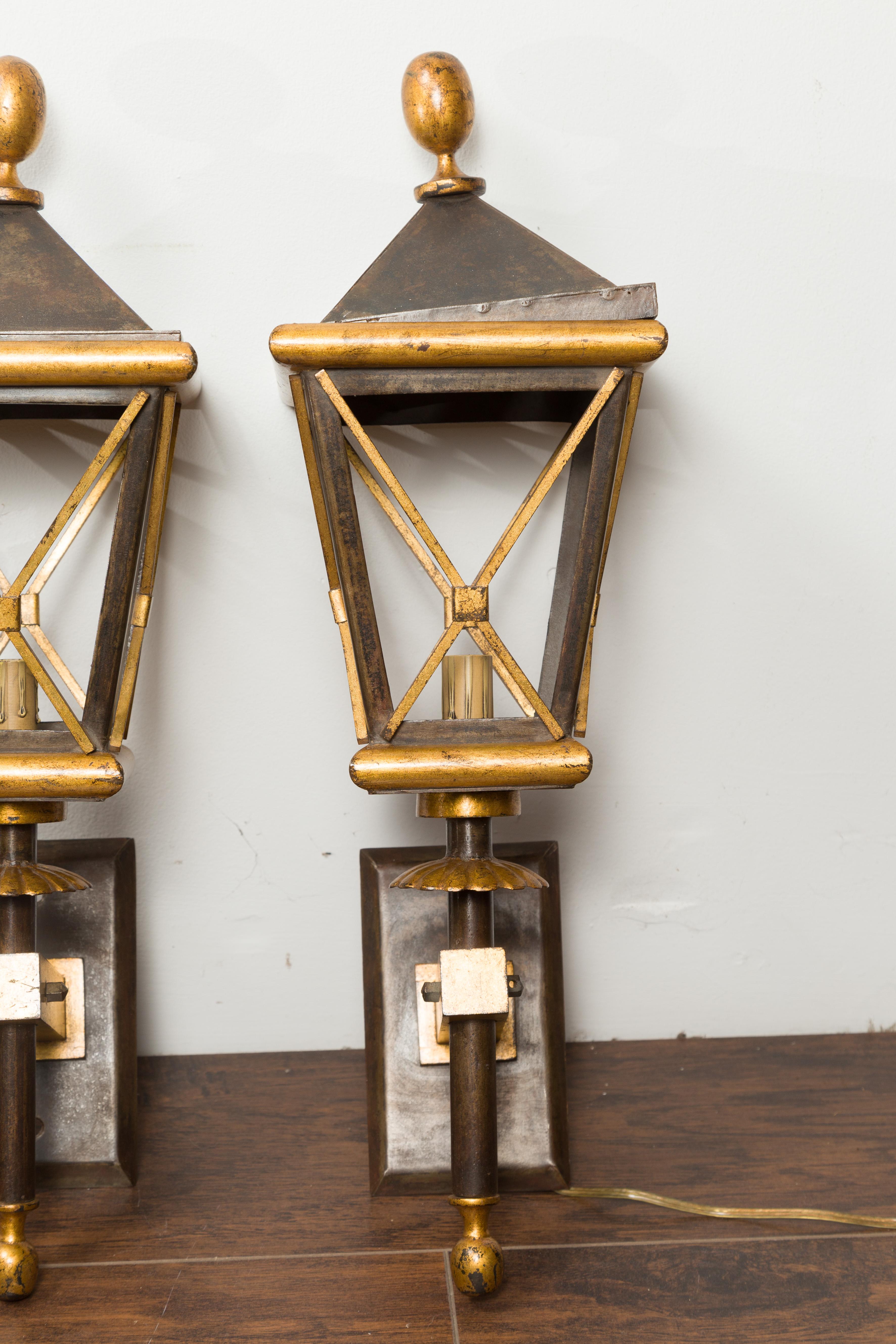 Pair of French Midcentury Gilt Iron Wall Mounted Lanterns with Single Lights In Good Condition For Sale In Atlanta, GA