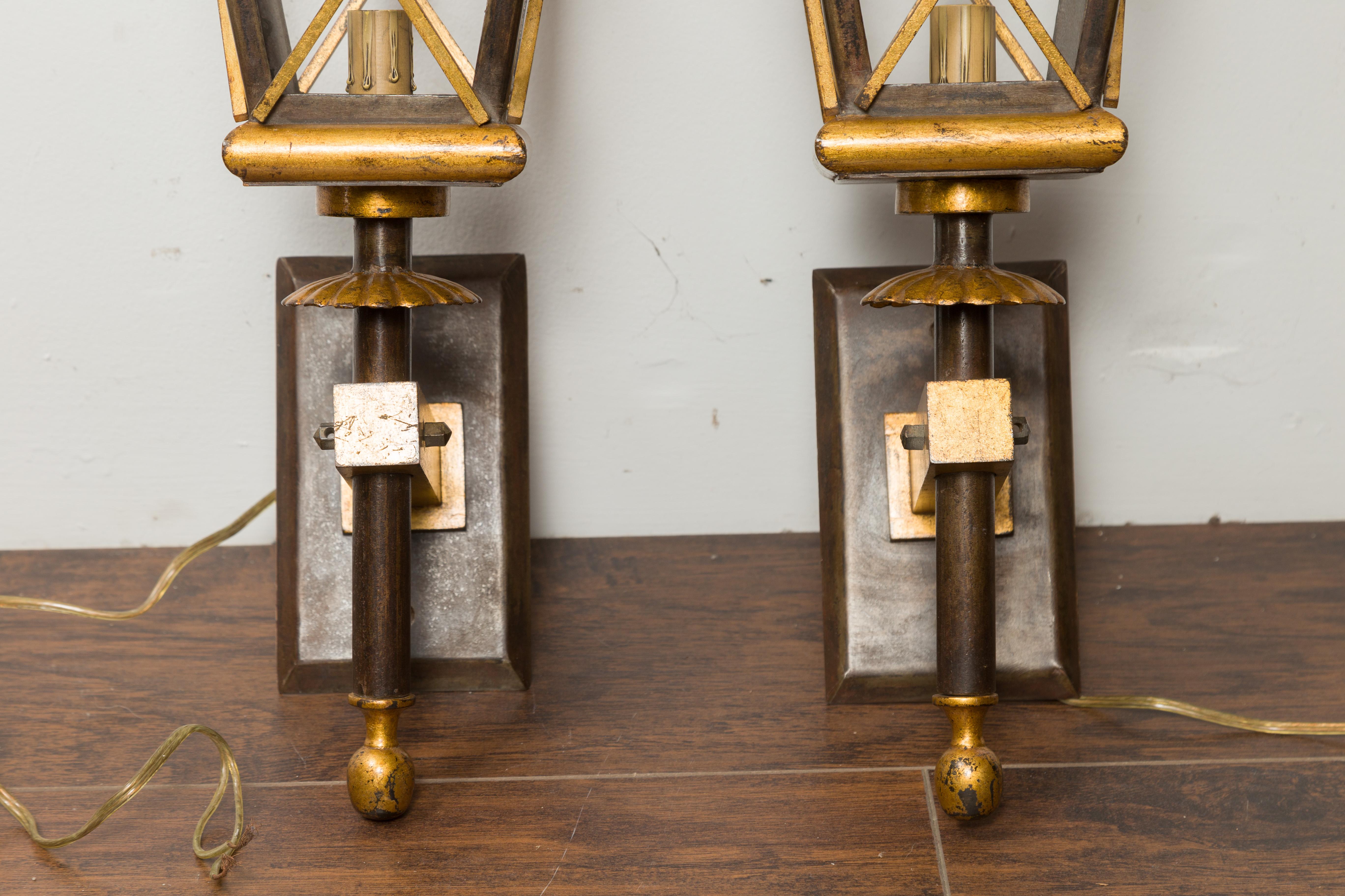 Pair of French Midcentury Gilt Iron Wall Mounted Lanterns with Single Lights For Sale 2