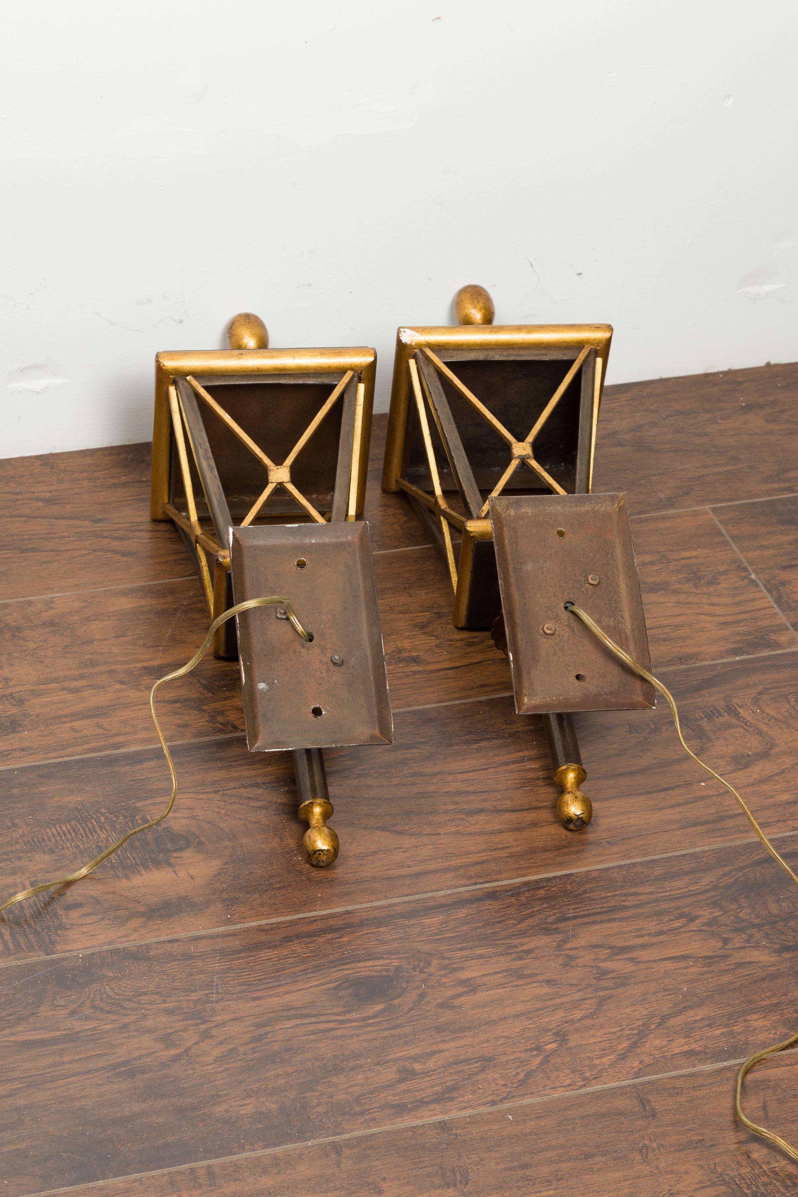 Pair of French Midcentury Gilt Iron Wall Mounted Lanterns with Single Lights For Sale 4