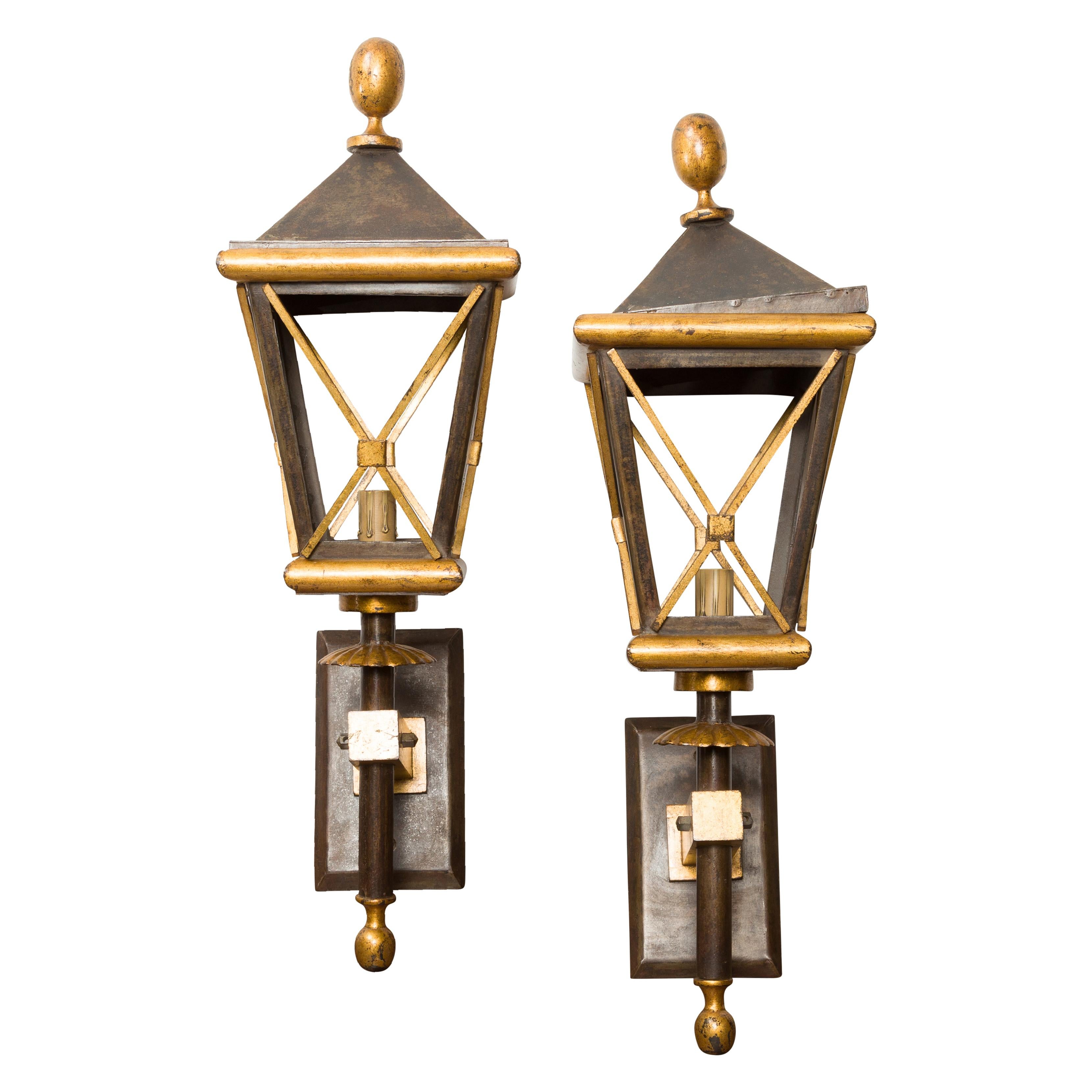 Pair of French Midcentury Gilt Iron Wall Mounted Lanterns with Single Lights