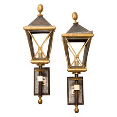 Vintage Pair of French Midcentury Gilt Iron Wall Mounted Lanterns with Single Lights