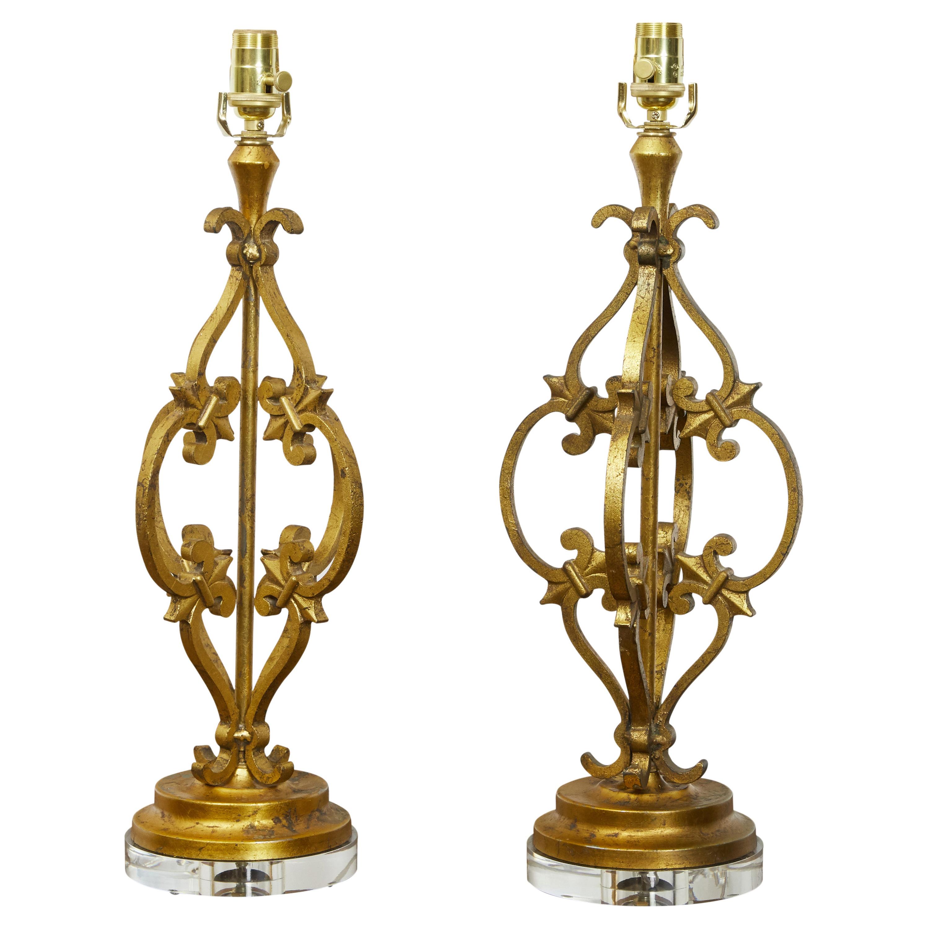 Pair of French Midcentury Gilt Metal Table Lamps with Scrolls and Fleur de Lys