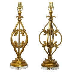 Vintage Pair of French Midcentury Gilt Metal Table Lamps with Scrolls and Fleur de Lys