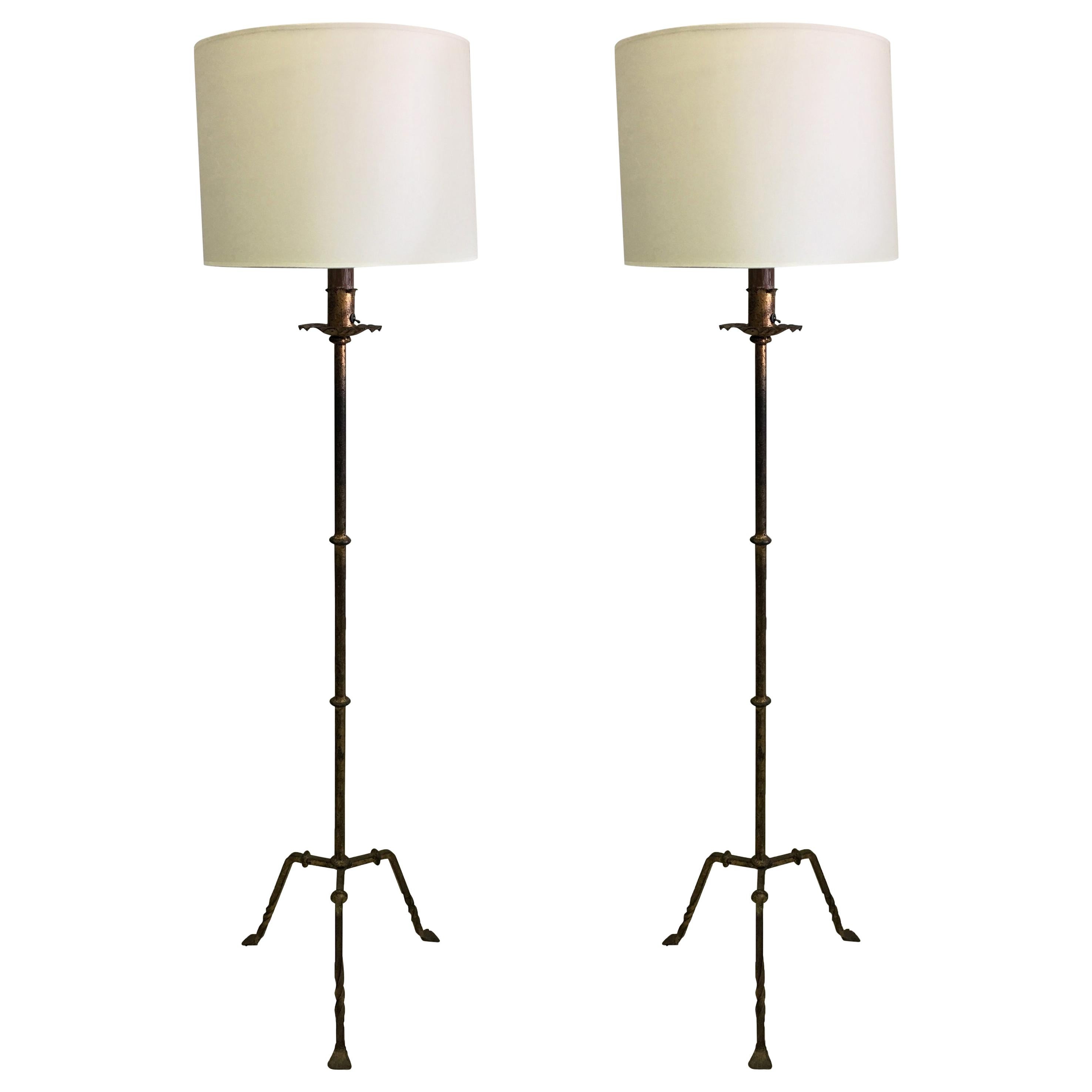 Pair of French Midcentury Gilt Wrought Iron Floor Lamps, circa 1940