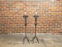 Pair of French Midcentury Gothic Style Iron Torchères Floor Lamps, US Wired