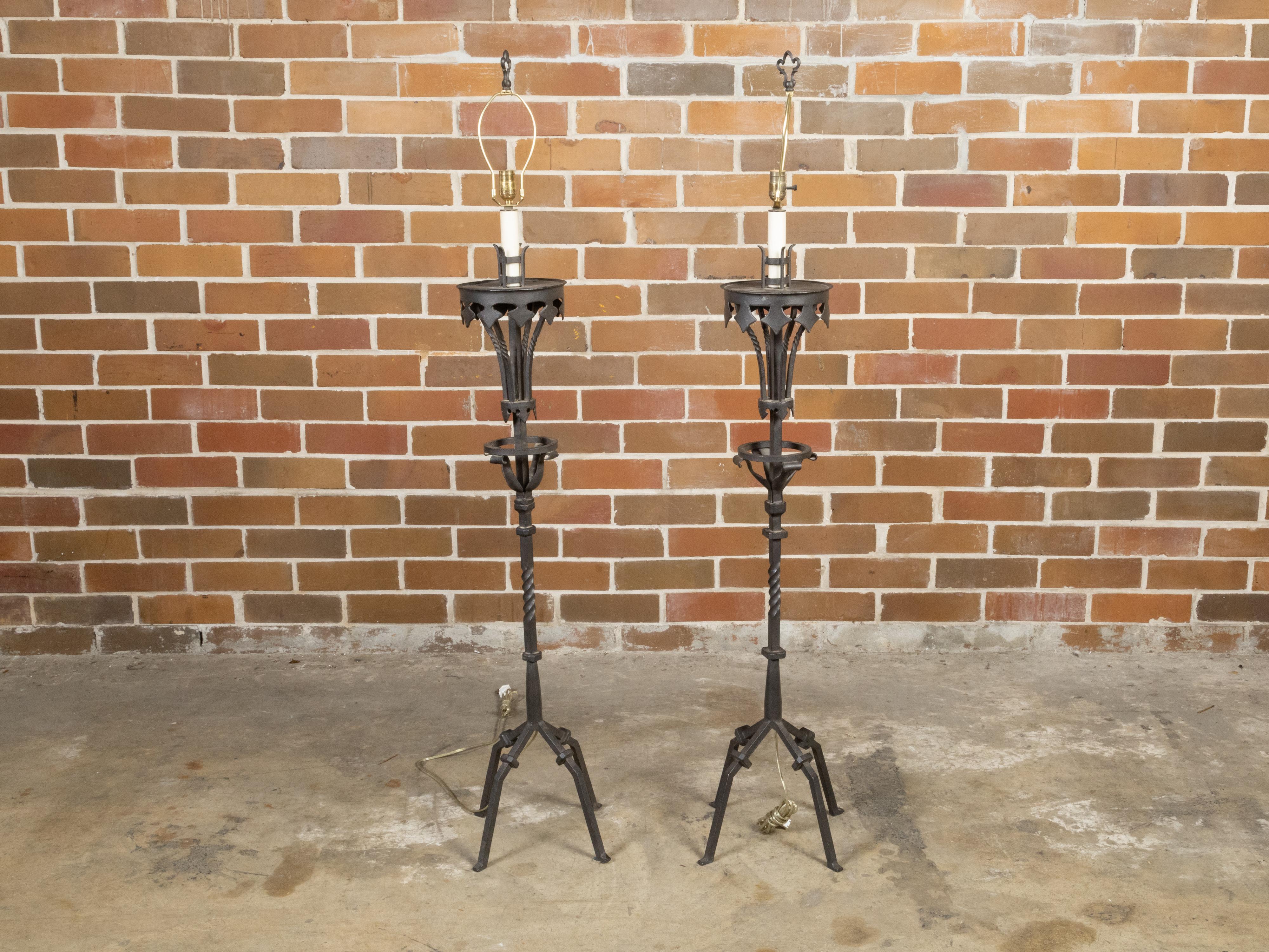 Mid-Century Modern Pair of French Midcentury Gothic Style Iron Torchères Floor Lamps, US Wired