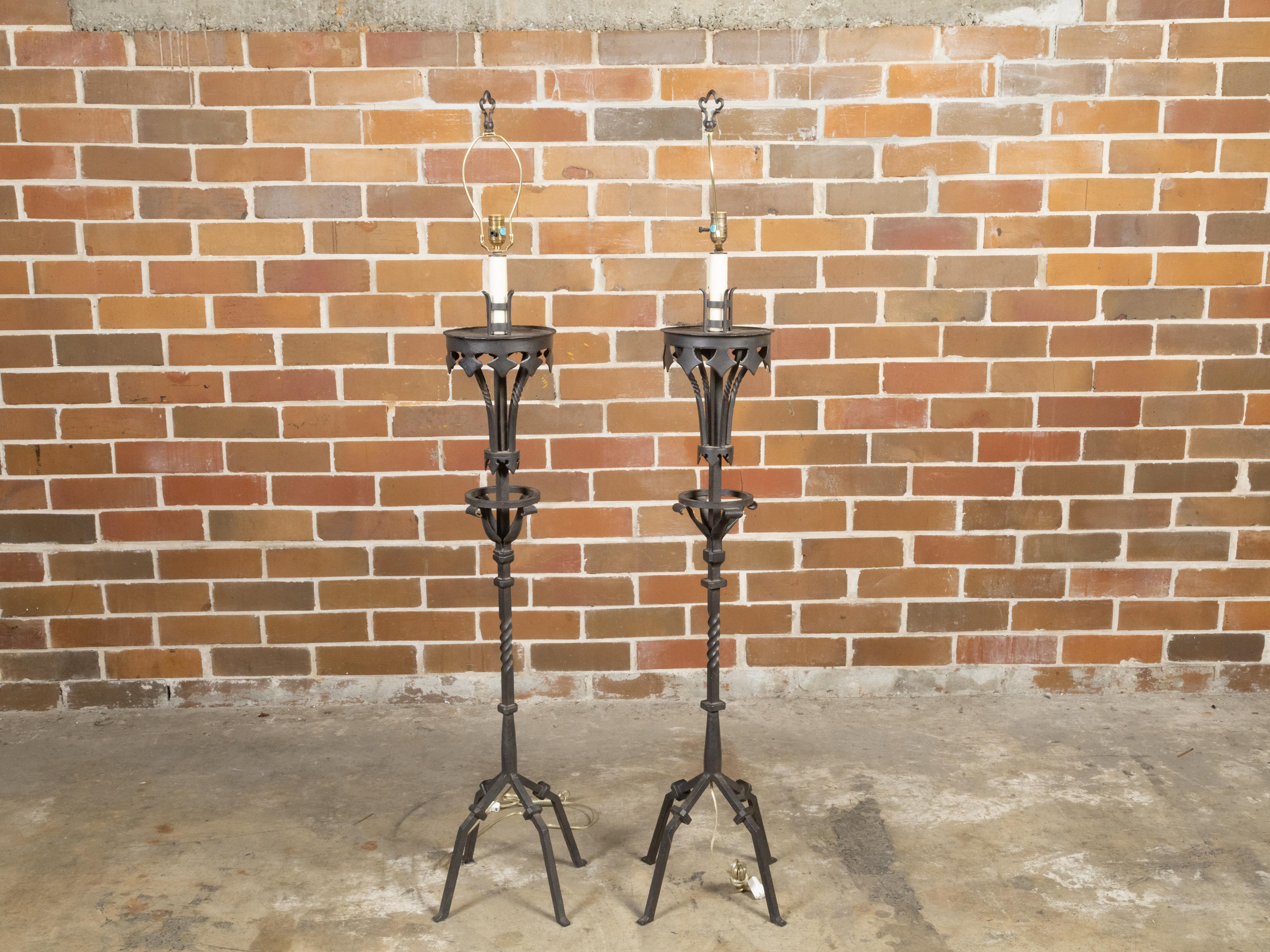 Pair of French Midcentury Gothic Style Iron Torchères Floor Lamps, US Wired In Good Condition In Atlanta, GA