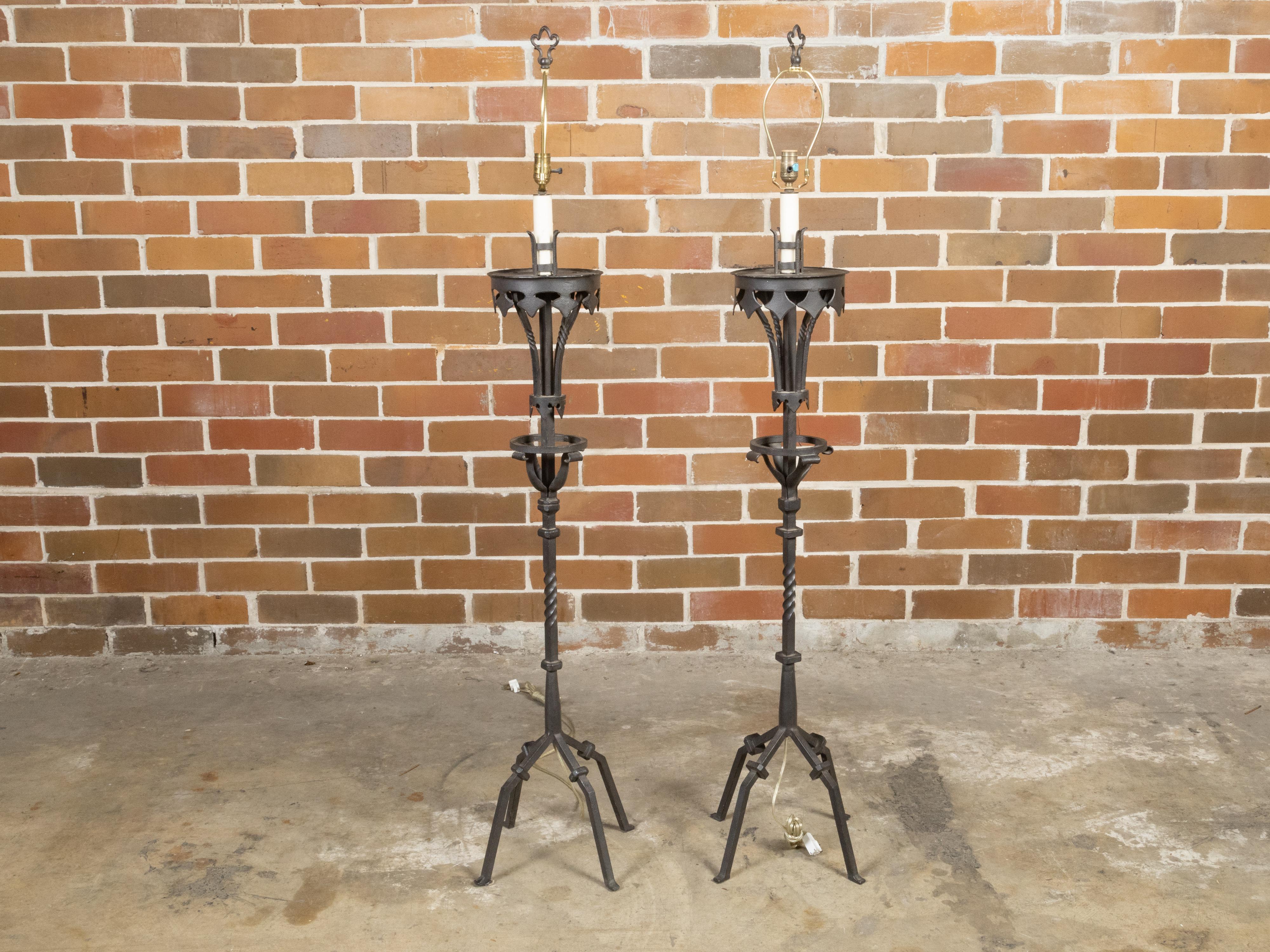 20th Century Pair of French Midcentury Gothic Style Iron Torchères Floor Lamps, US Wired