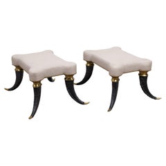 Pair of French Mid-Century Horn Stools with Brass Accents and New Upholstery