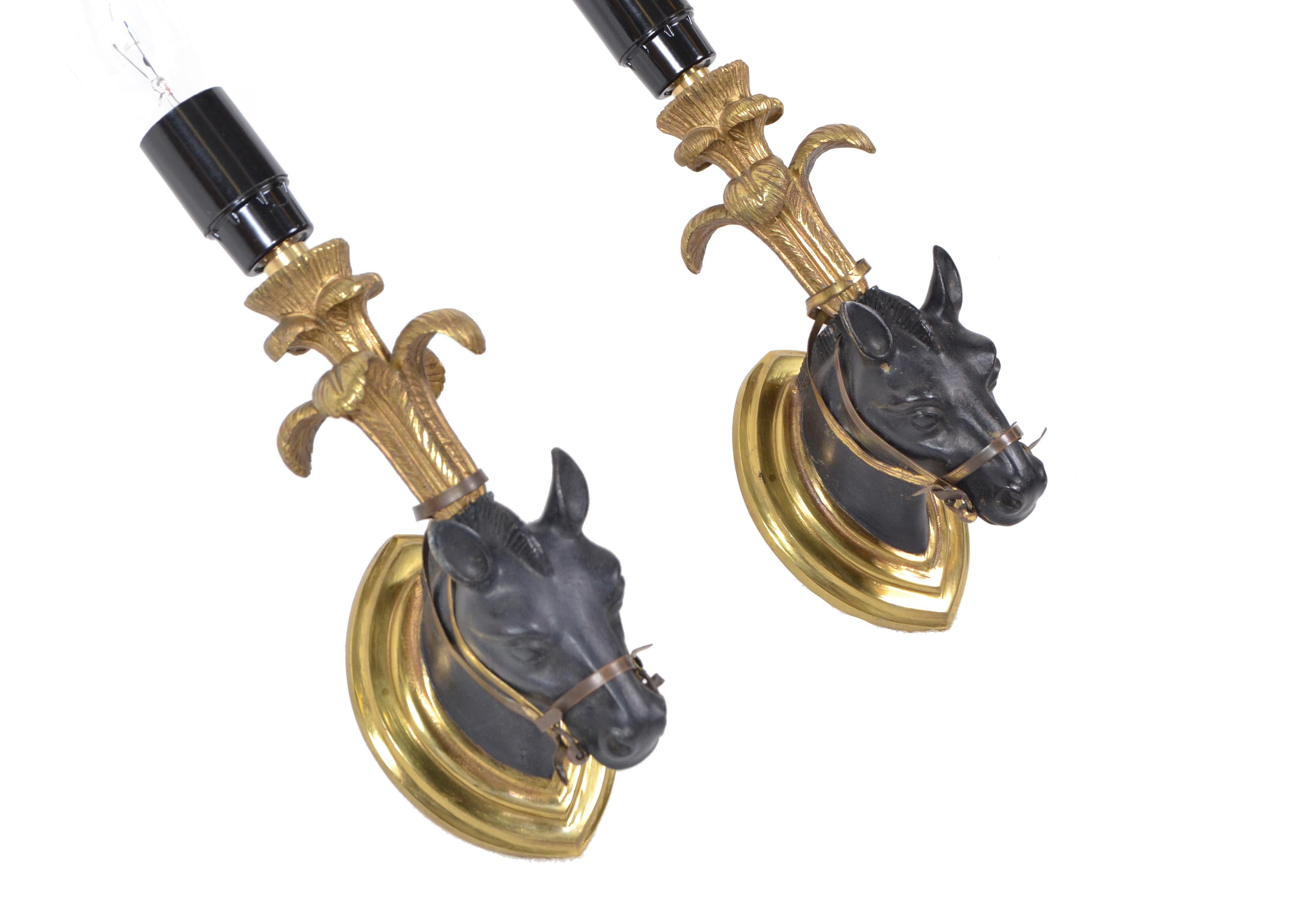 French Bronze Mid-Century Modern Horse Sconces, Wall Lights & Black Shades -Pair For Sale 5