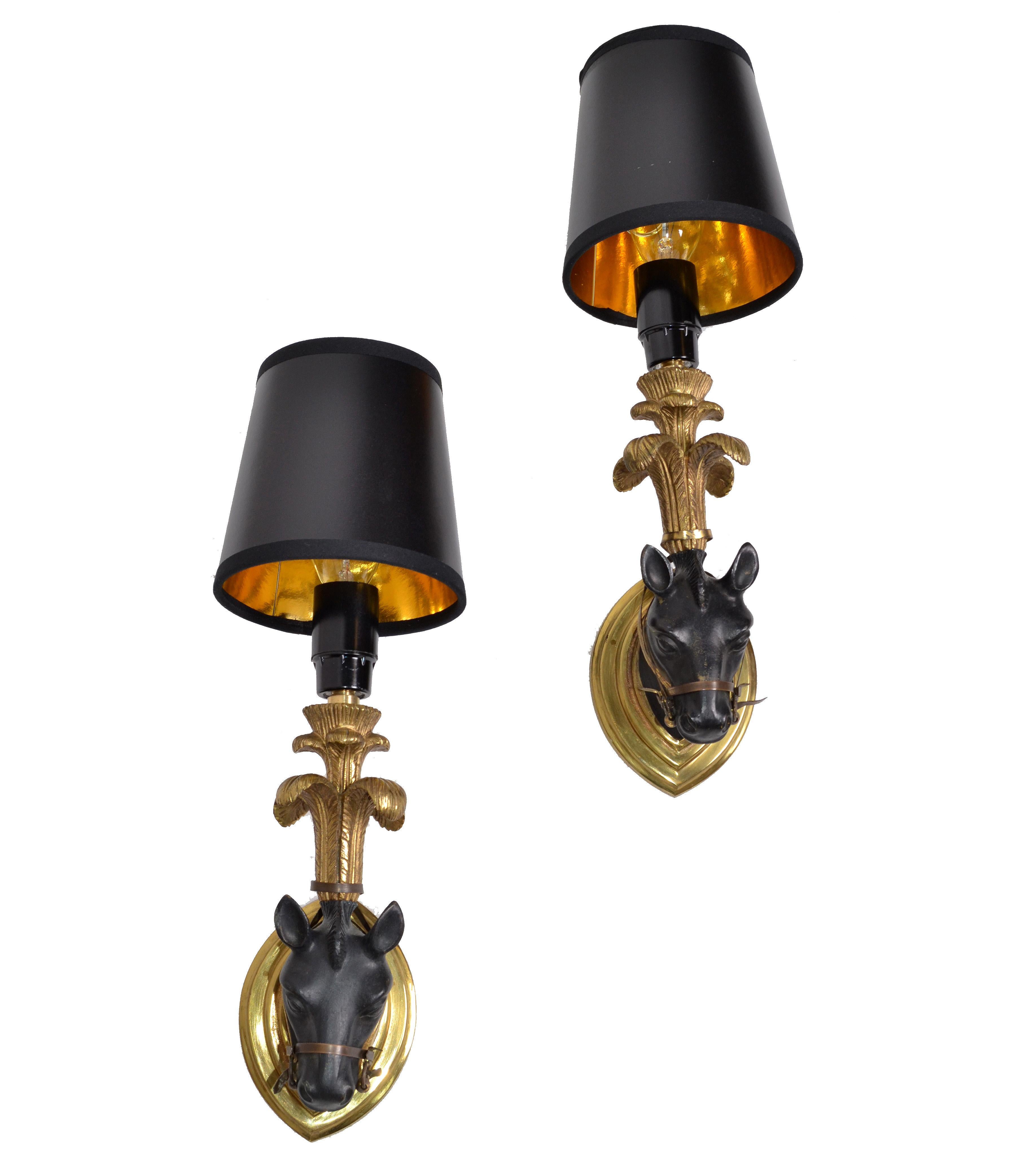 French Bronze Mid-Century Modern Horse Sconces, Wall Lights & Black Shades -Pair For Sale 6