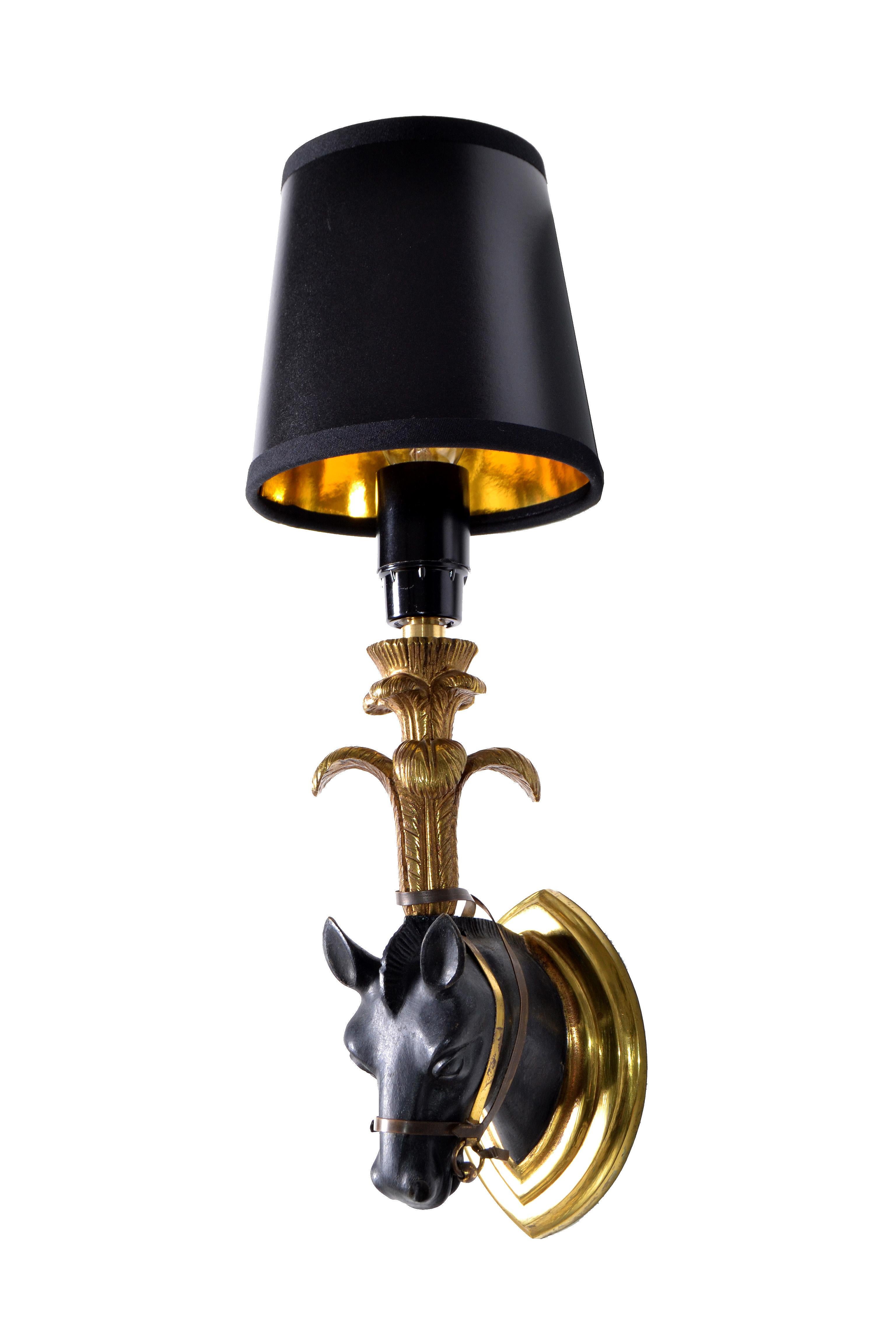Ebonized French Bronze Mid-Century Modern Horse Sconces, Wall Lights & Black Shades -Pair For Sale