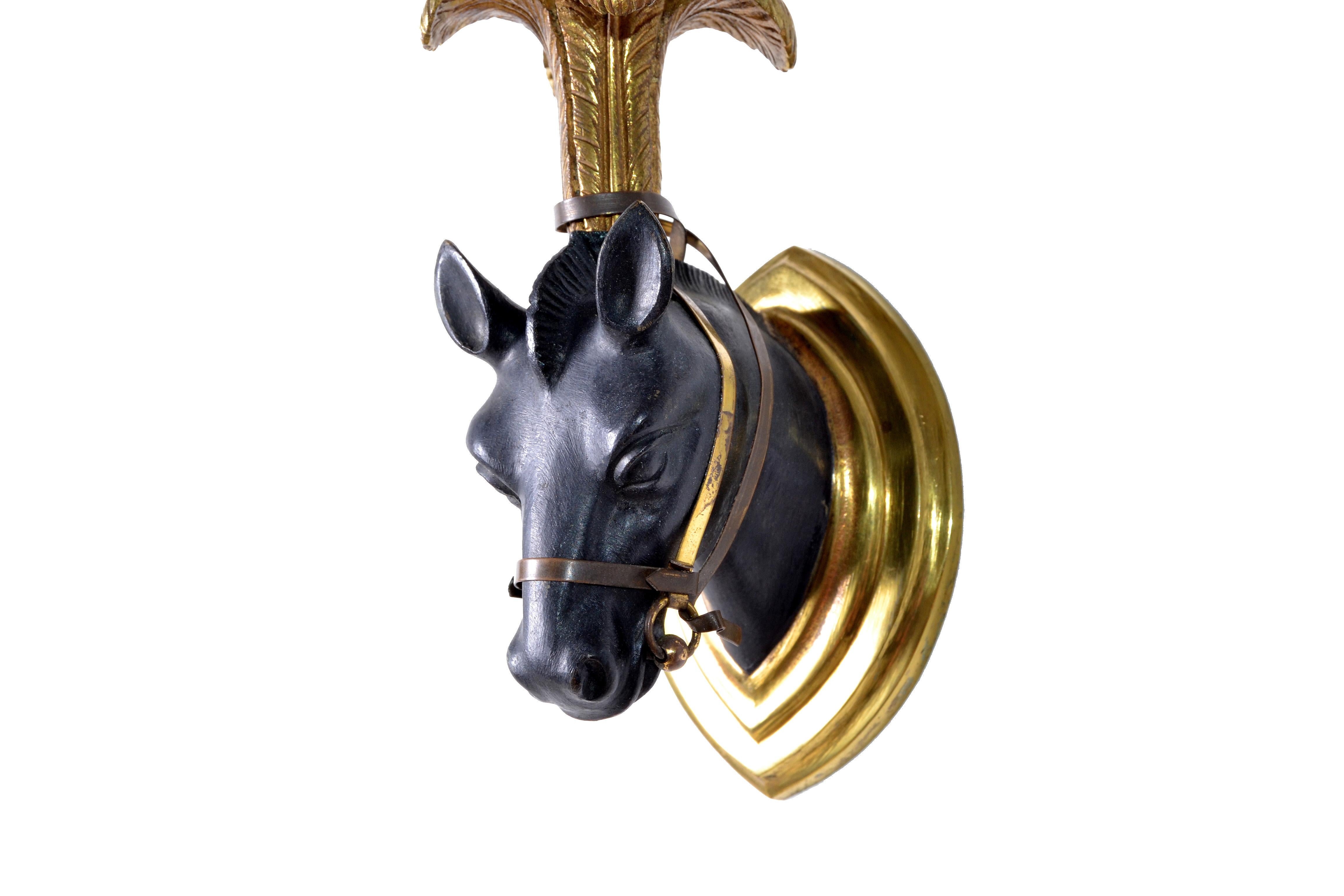 French Bronze Mid-Century Modern Horse Sconces, Wall Lights & Black Shades -Pair In Good Condition For Sale In Miami, FL