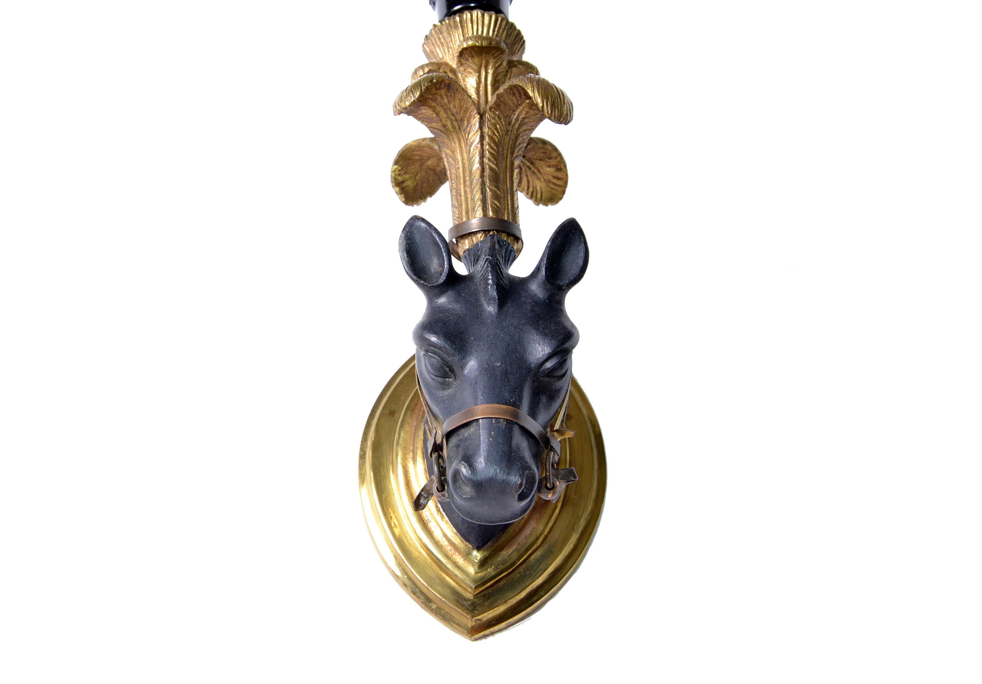 Mid-20th Century French Bronze Mid-Century Modern Horse Sconces, Wall Lights & Black Shades -Pair For Sale