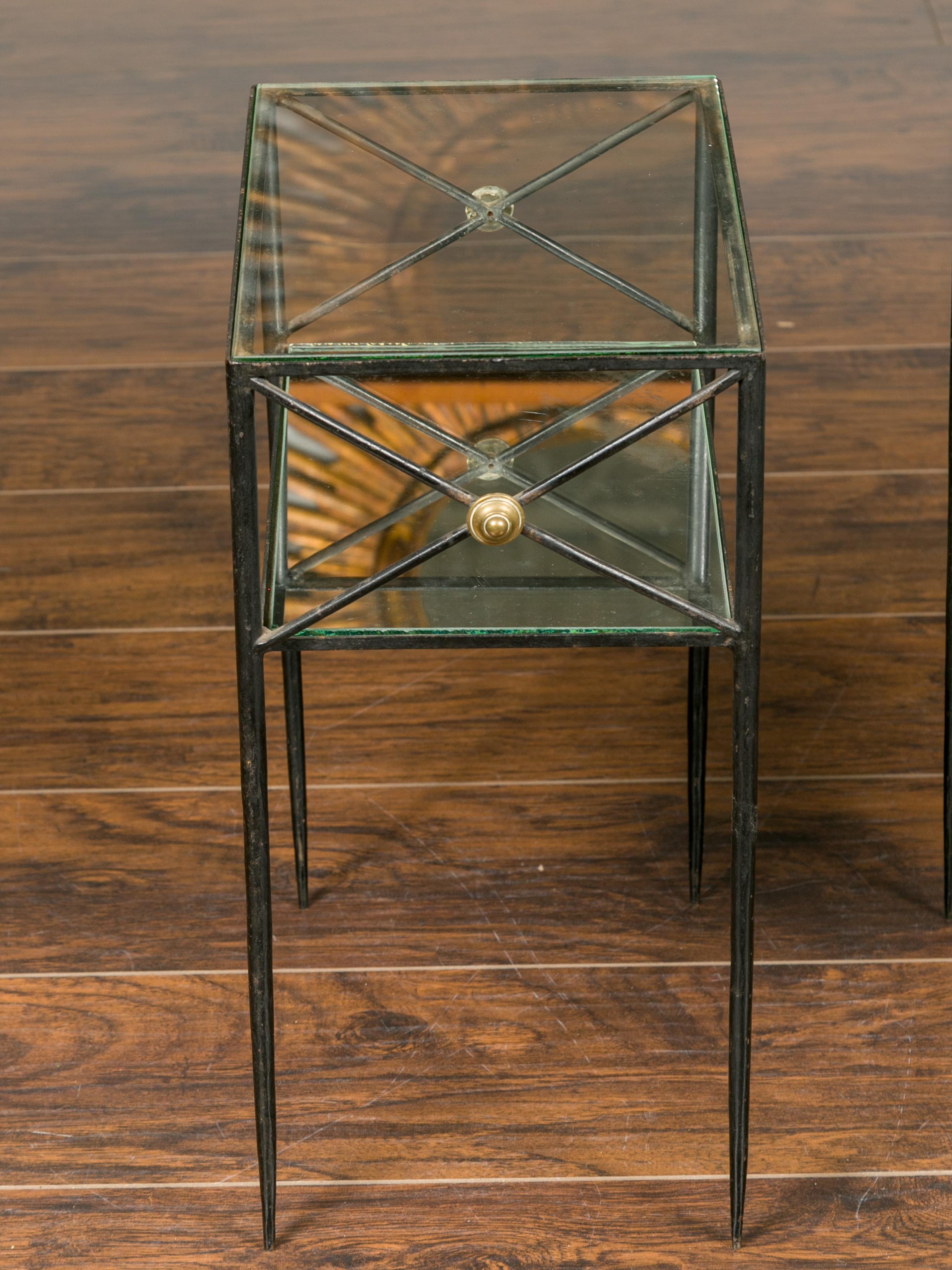 Pair of French Midcentury Iron and Brass Tables with Glass Top, Mirrored Shelf 6