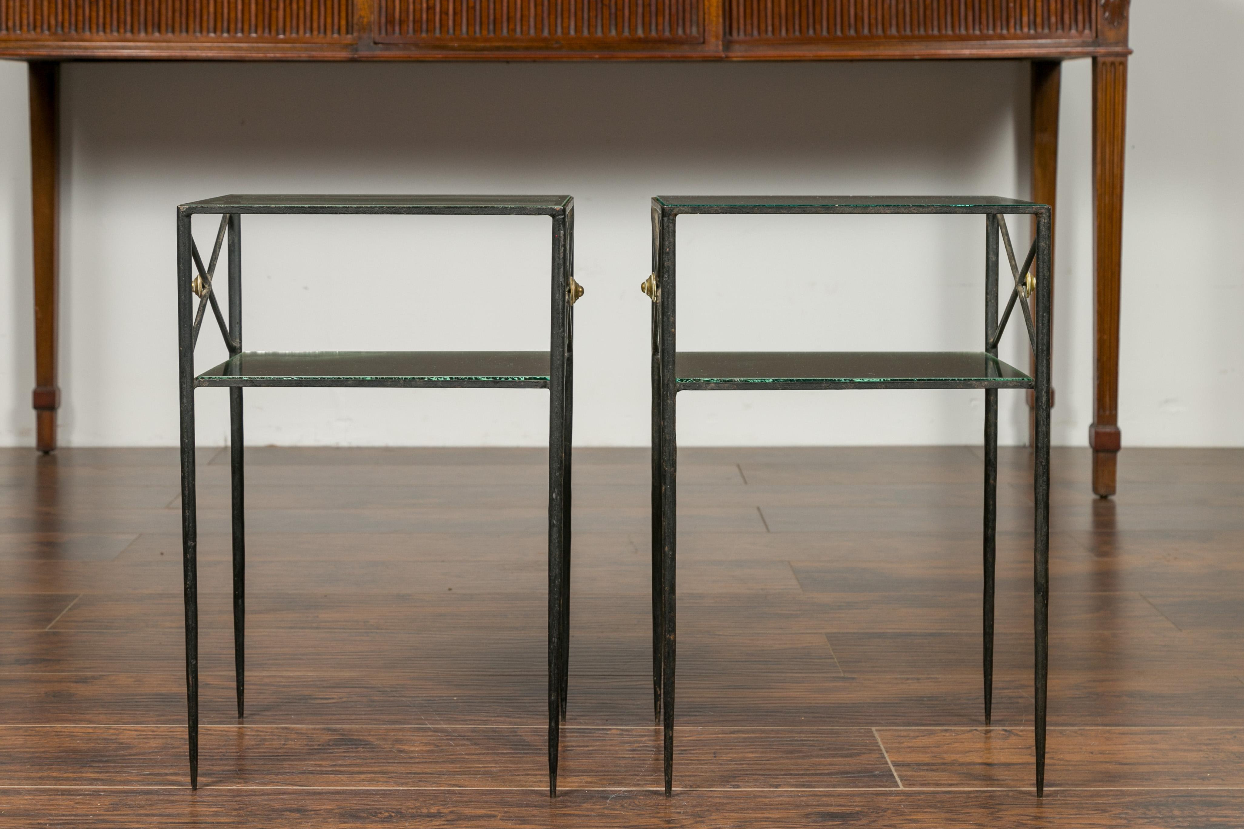 Pair of French Midcentury Iron and Brass Tables with Glass Top, Mirrored Shelf 7