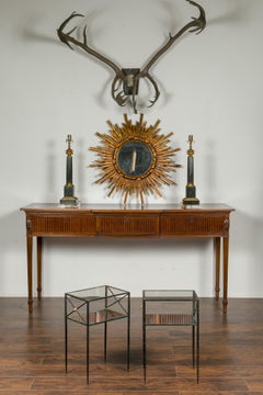 Pair of French Midcentury Iron and Brass Tables with Glass Top, Mirrored Shelf