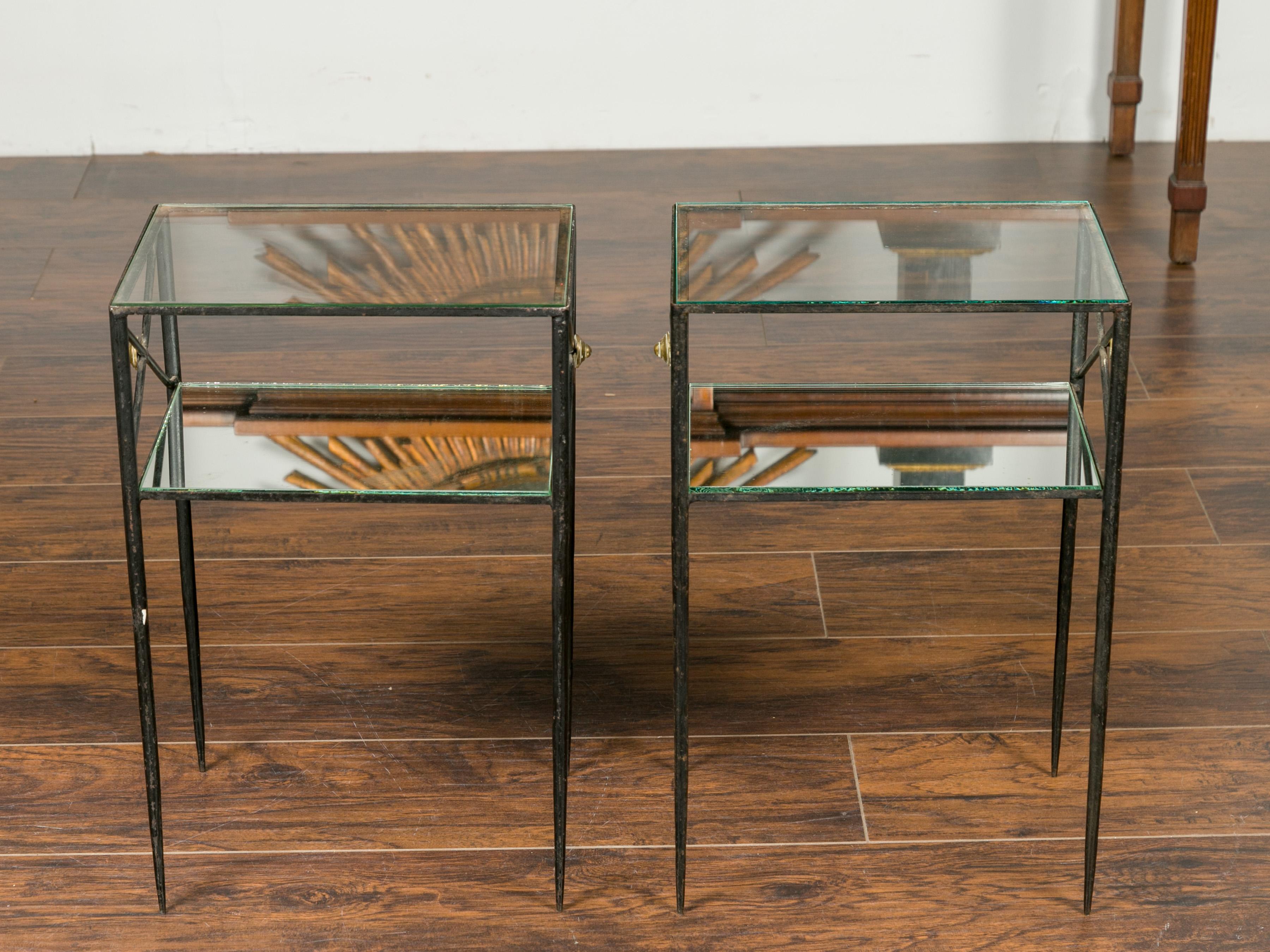 Mid-Century Modern Pair of French Midcentury Iron and Brass Tables with Glass Top, Mirrored Shelf