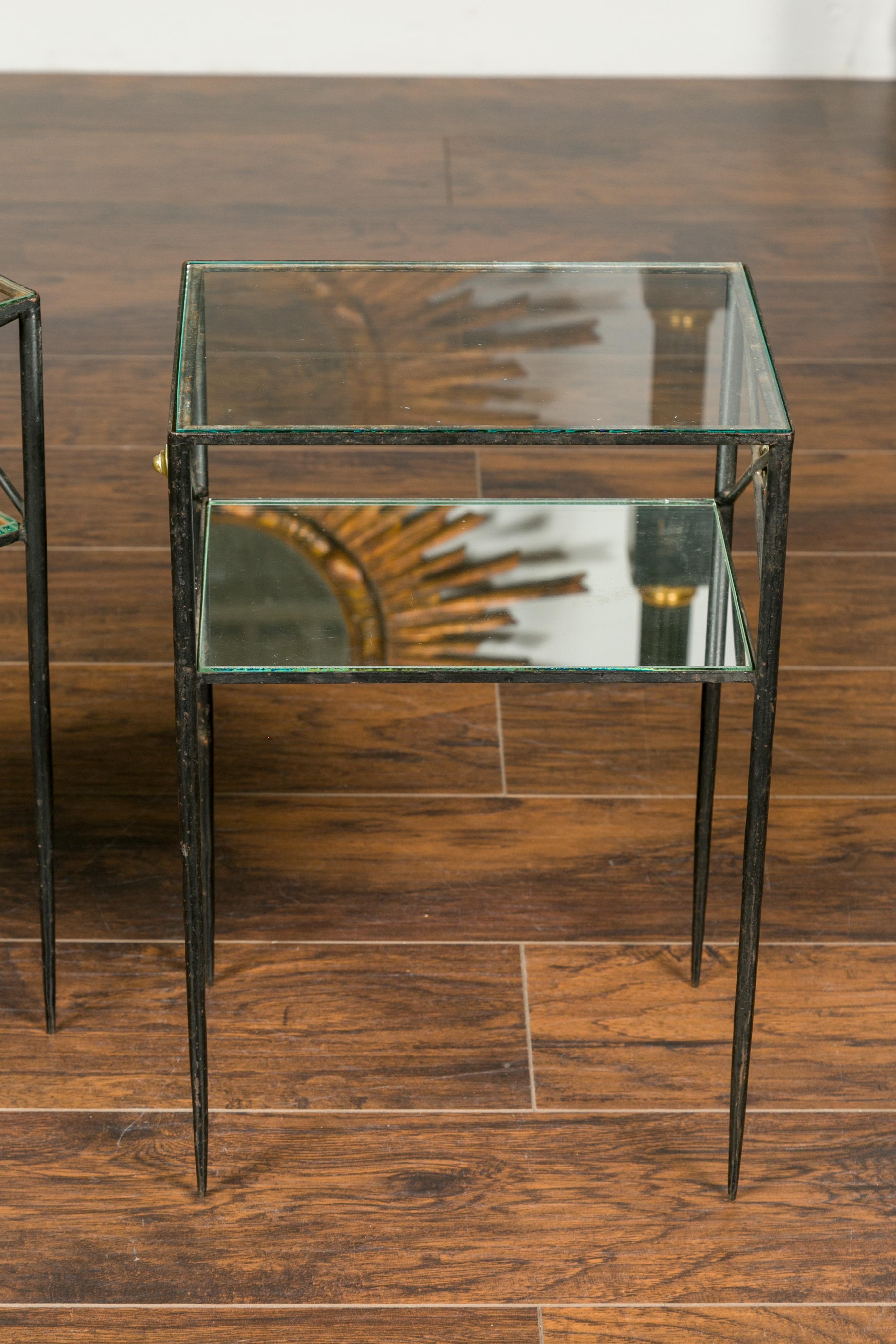 20th Century Pair of French Midcentury Iron and Brass Tables with Glass Top, Mirrored Shelf