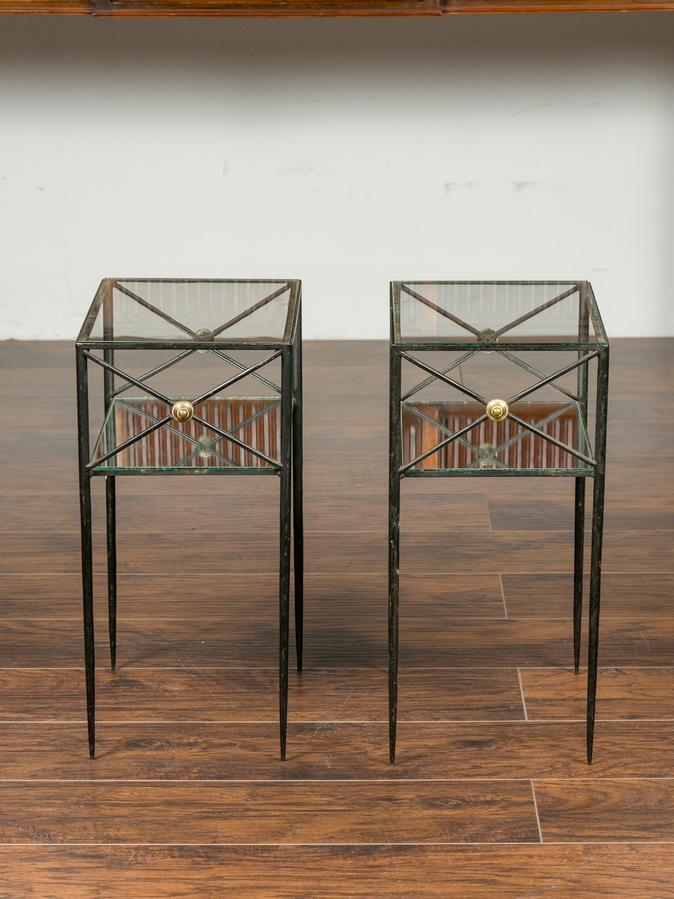 Pair of French Midcentury Iron and Brass Tables with Glass Top, Mirrored Shelf 1