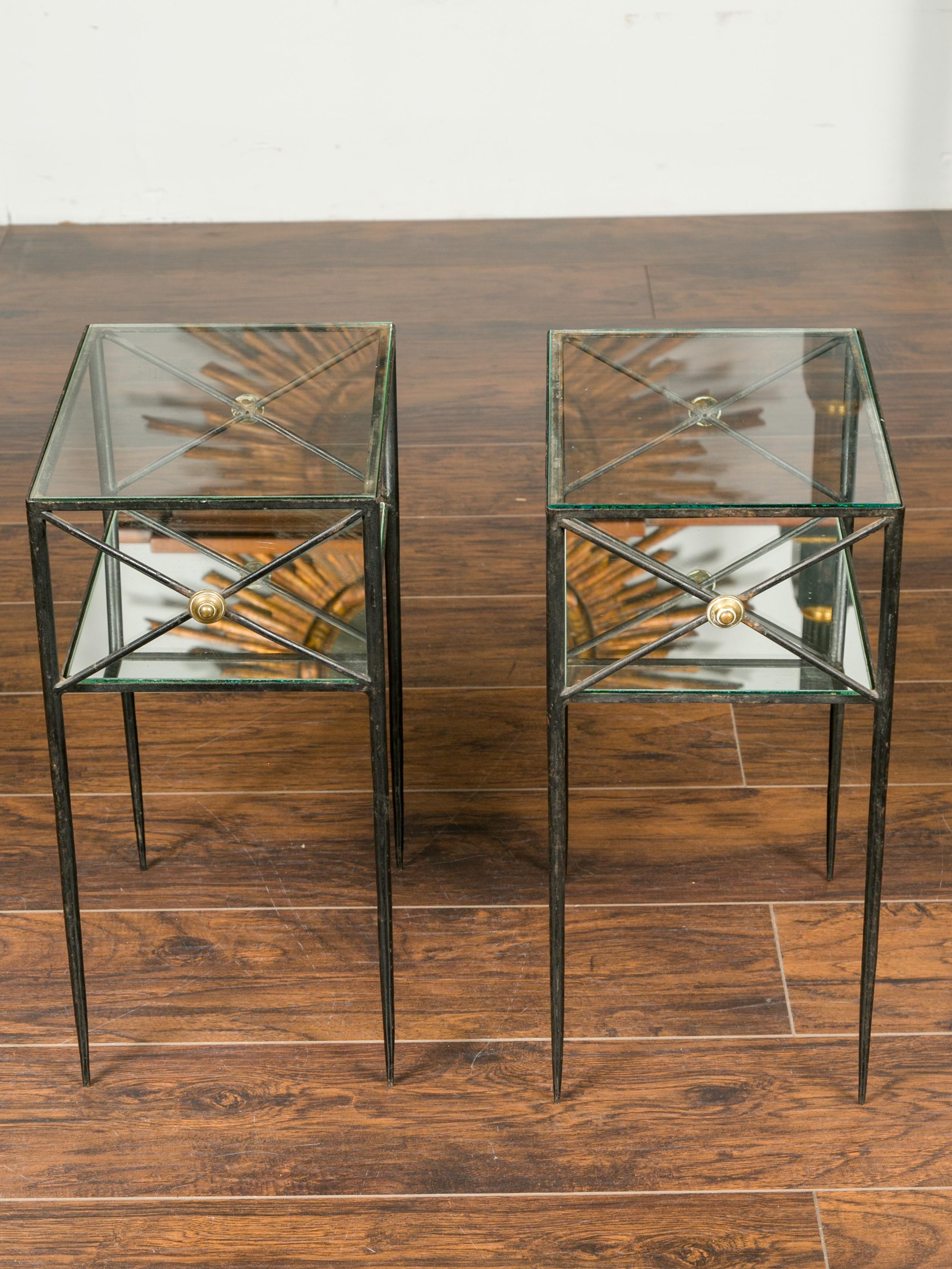 Pair of French Midcentury Iron and Brass Tables with Glass Top, Mirrored Shelf 4