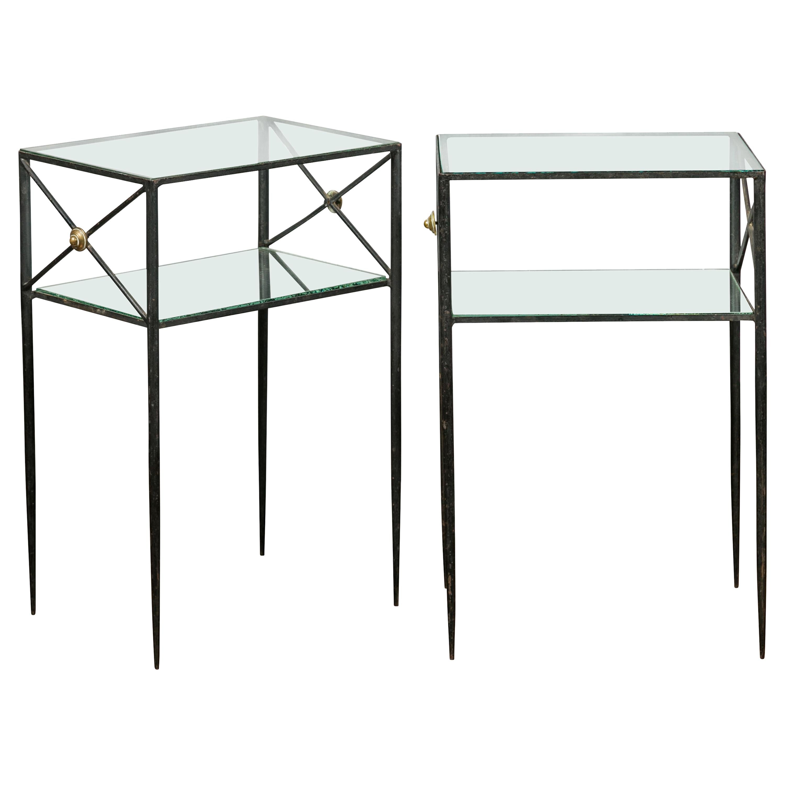 Pair of French Midcentury Iron and Brass Tables with Glass Top, Mirrored Shelf