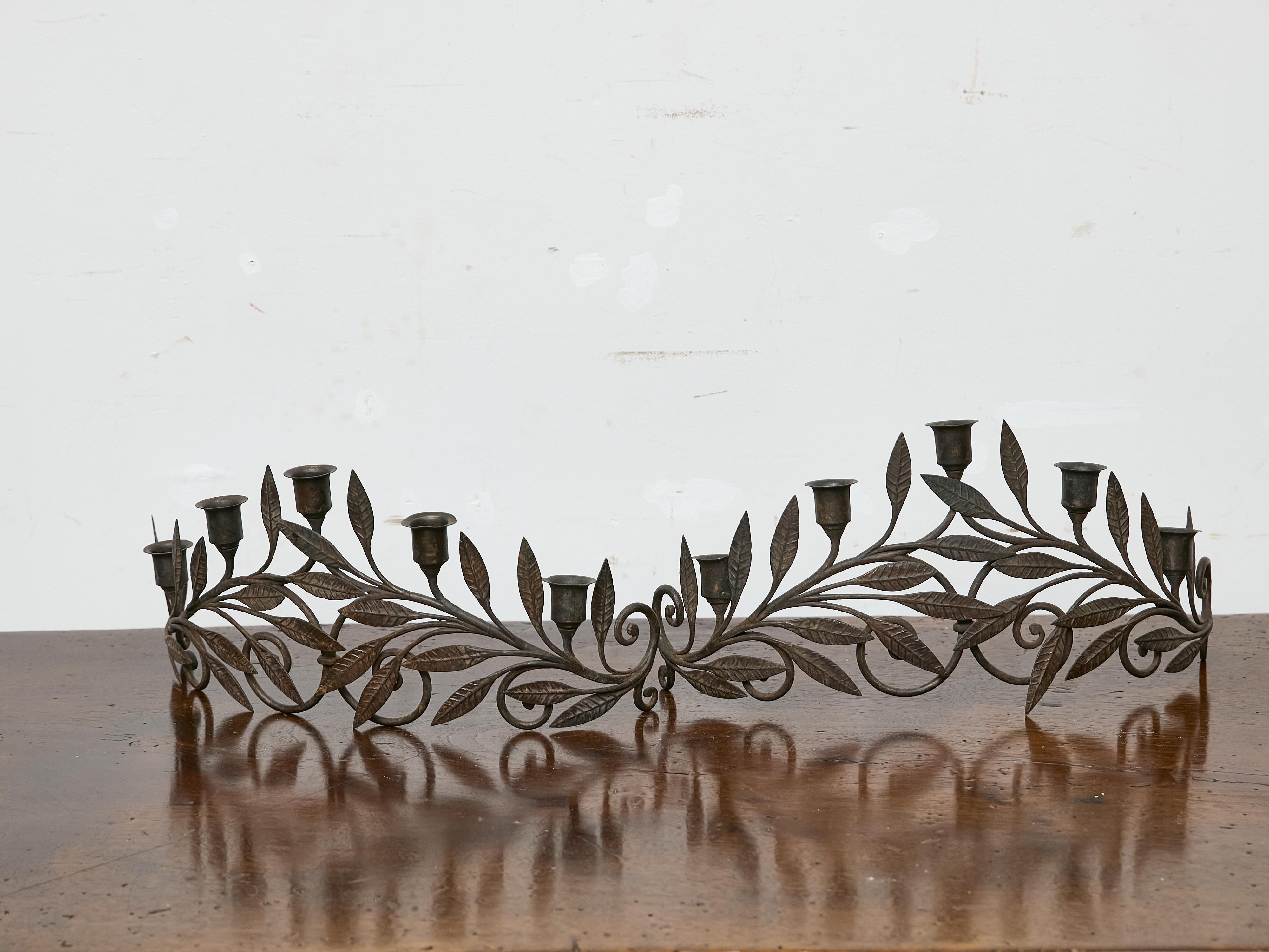 Forged Pair of French Midcentury Iron Candleholders with Leaf and Scroll Motifs For Sale