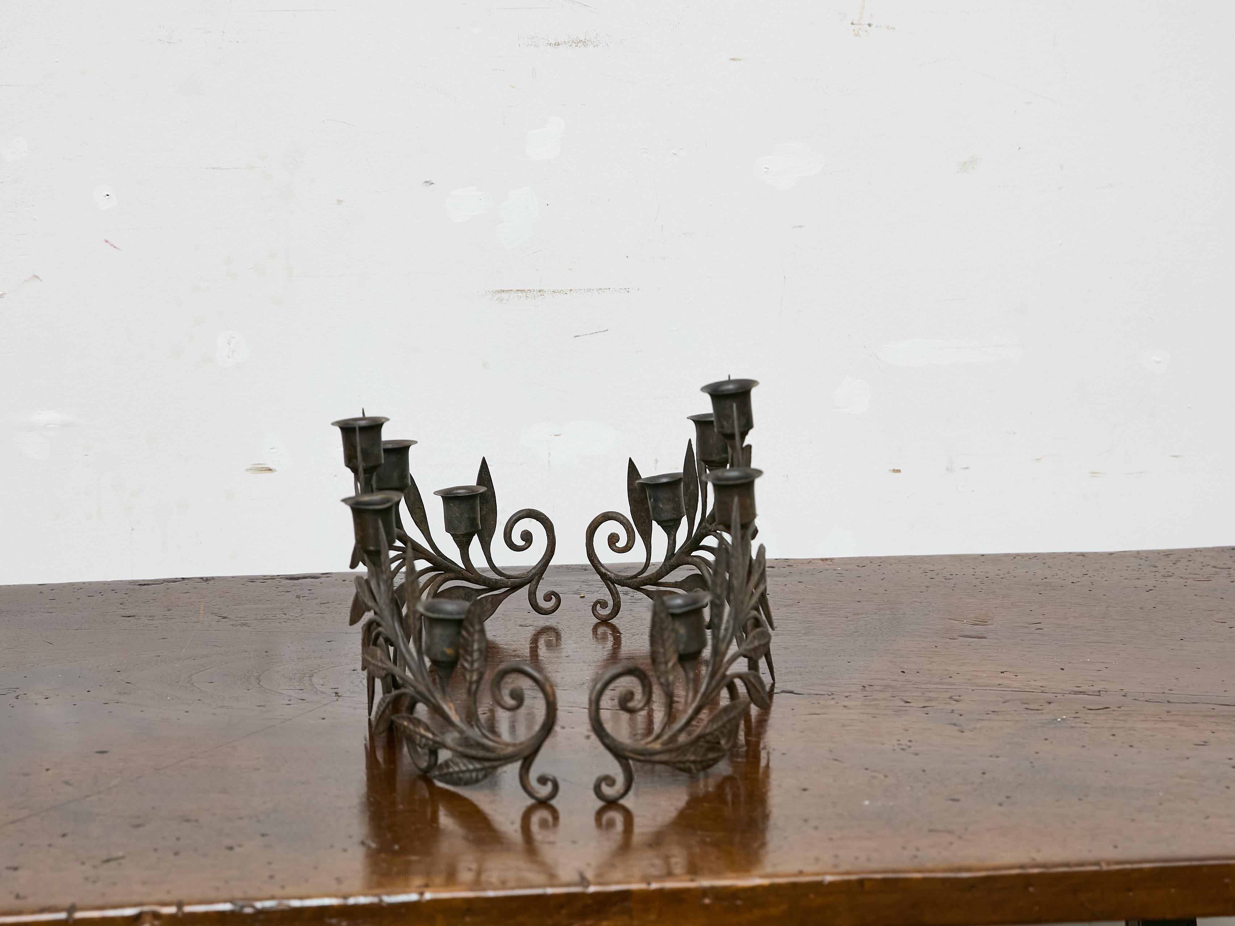 Pair of French Midcentury Iron Candleholders with Leaf and Scroll Motifs In Good Condition For Sale In Atlanta, GA