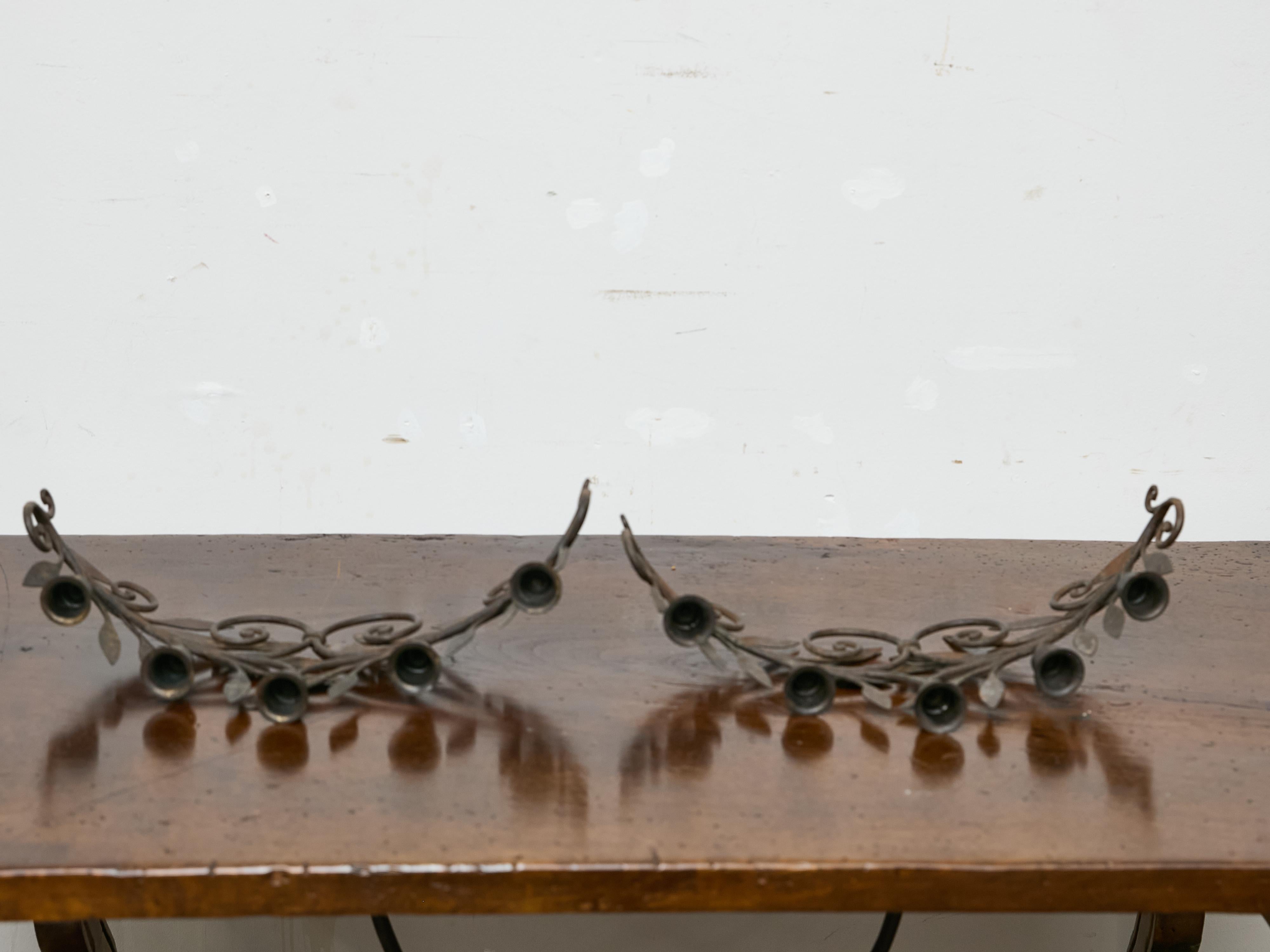 20th Century Pair of French Midcentury Iron Candleholders with Leaf and Scroll Motifs For Sale