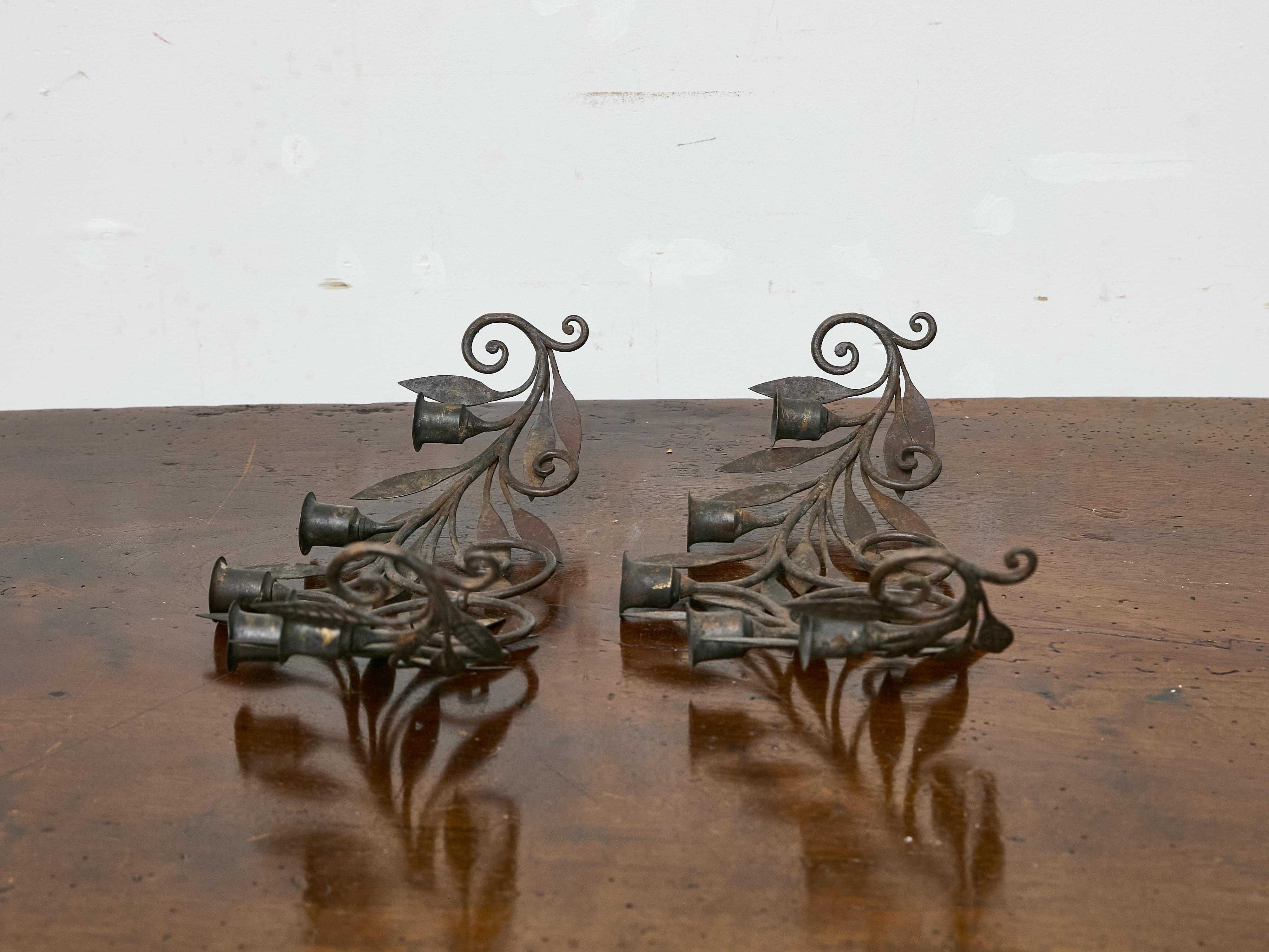 Pair of French Midcentury Iron Candleholders with Leaf and Scroll Motifs For Sale 1