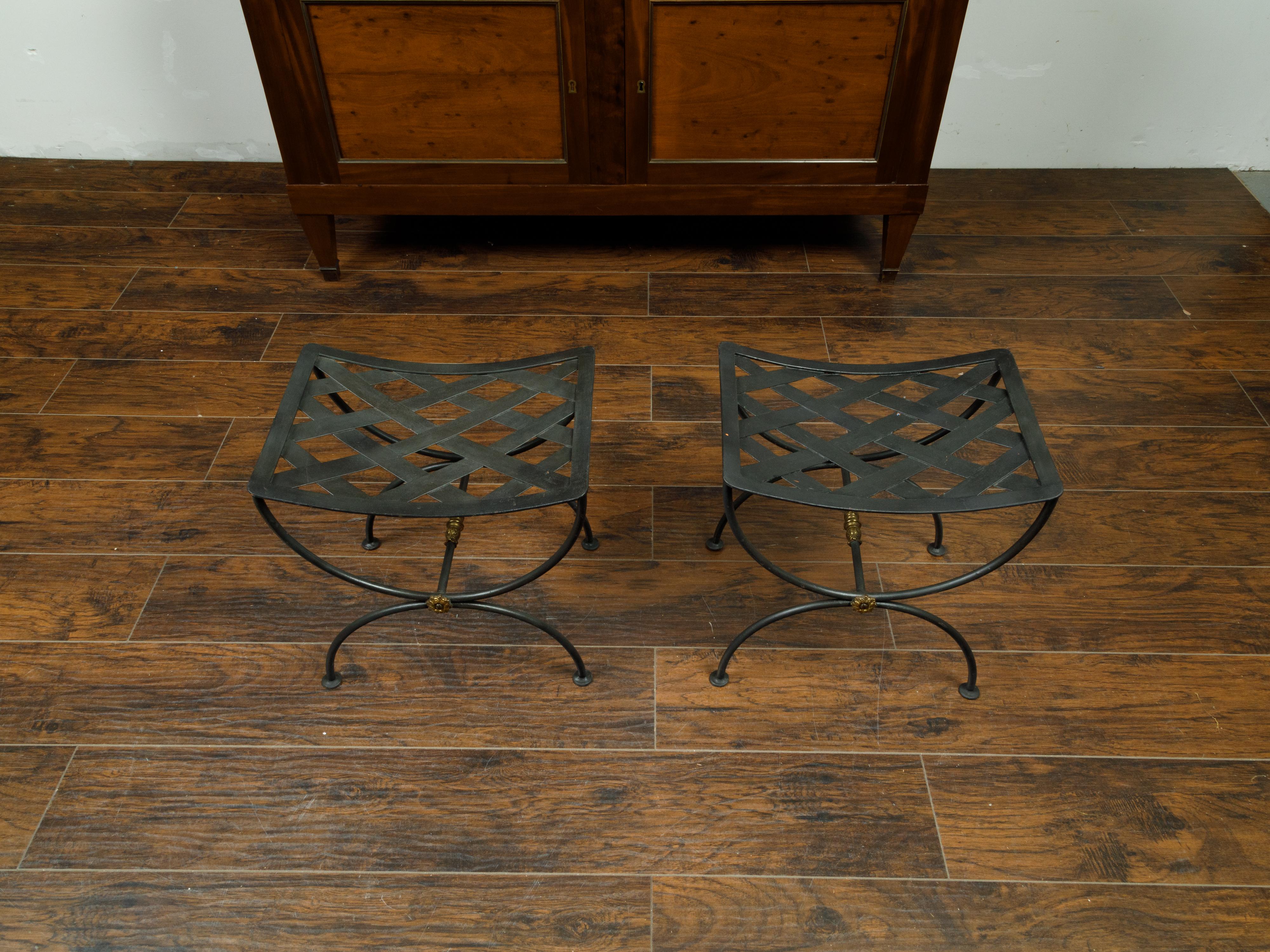 20th Century Pair of French Midcentury Iron Curule Stools with Latticed Tops and X-Form Bases